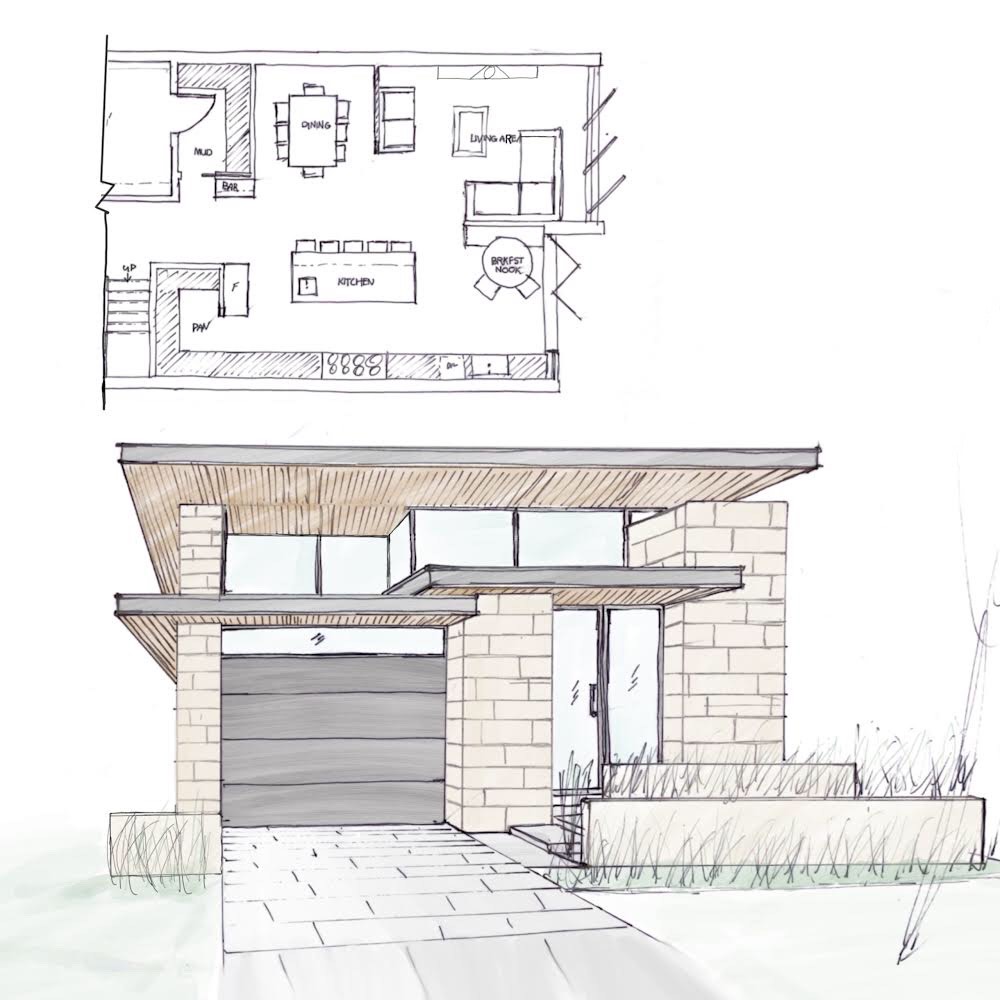 Hand-drawn front and rear elevations for Modern Leaside