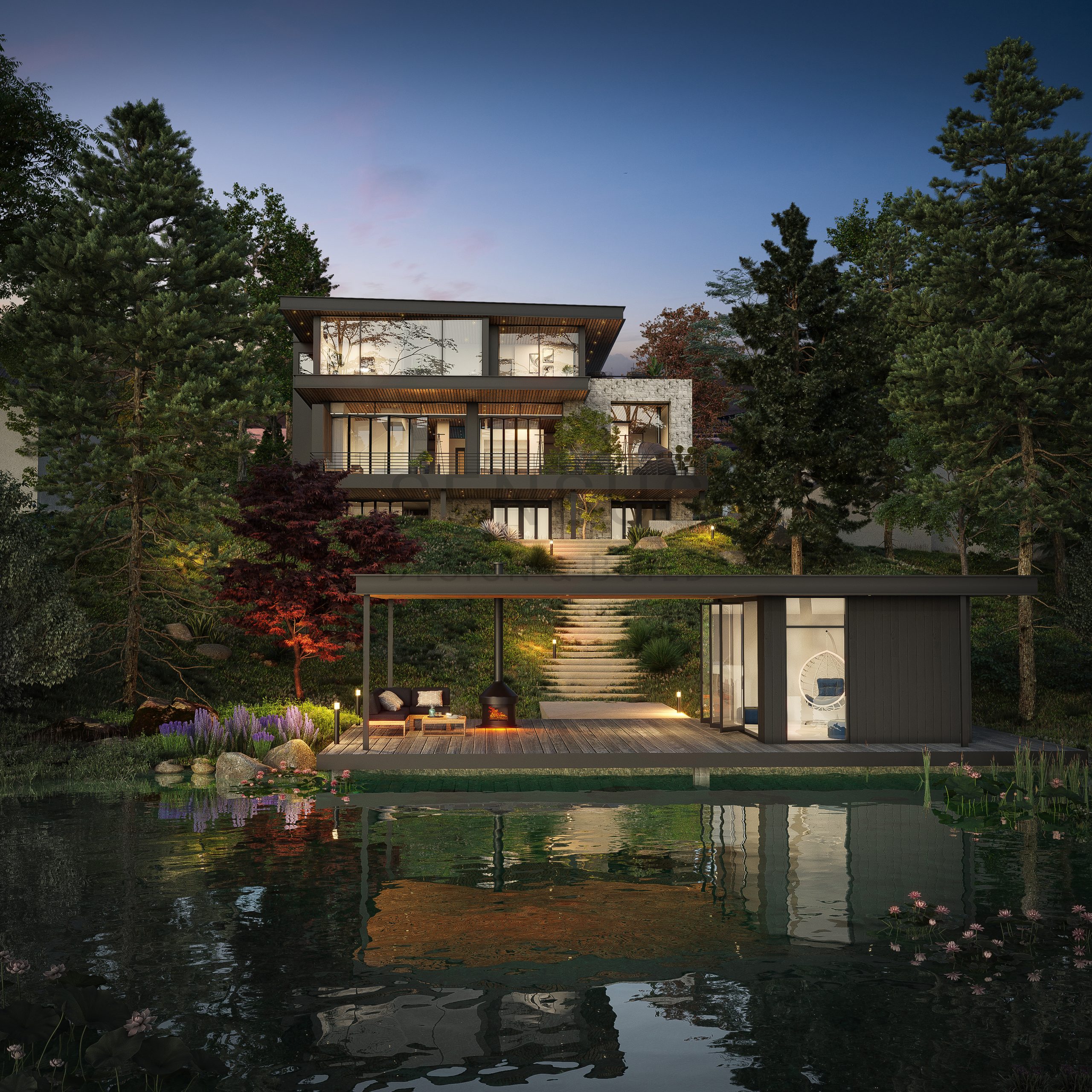 Stouffville Lakehouse rising above the water at dusk