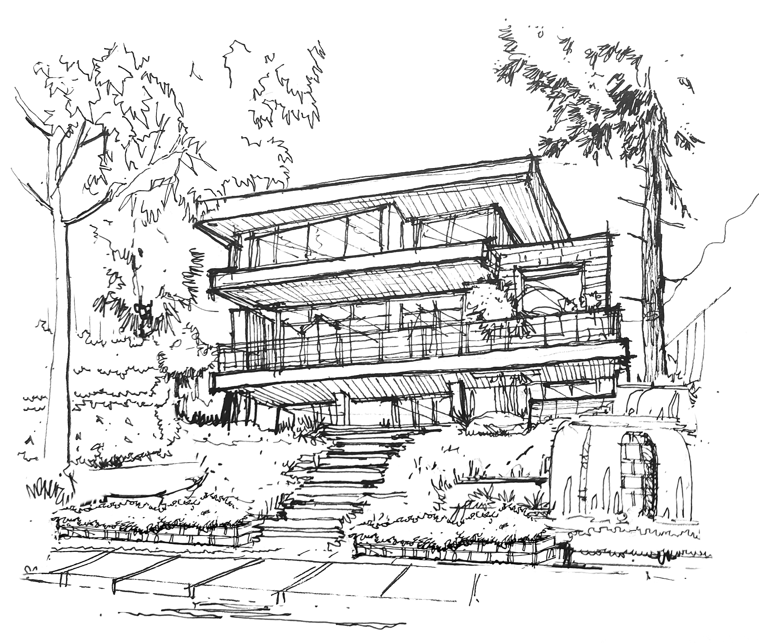 Hand-drawn rear elevation of the lakehouse descending toward the water