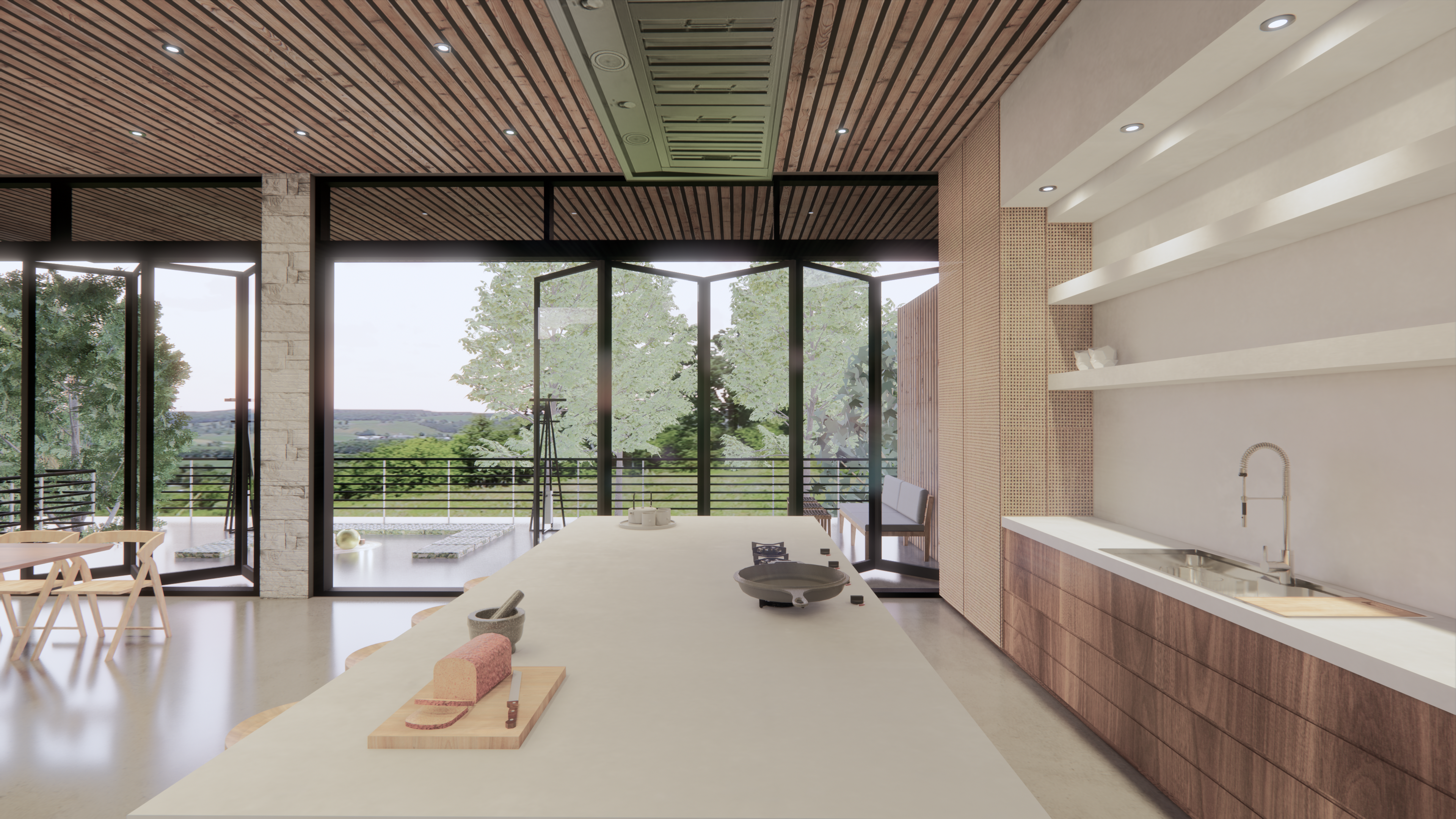 Minimal living room with lake-facing windows