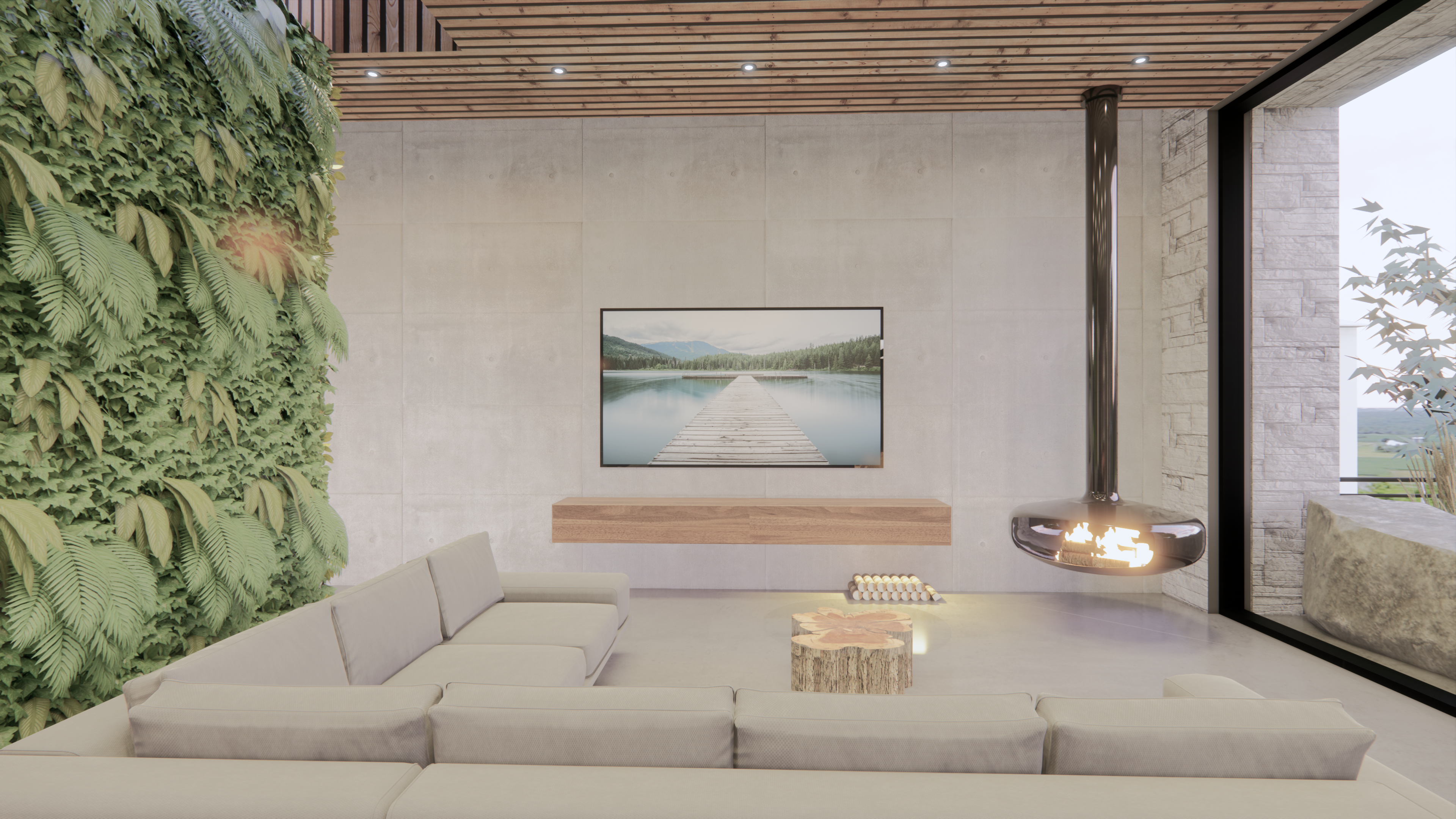 Dining area and fireplace framed by pale finishes