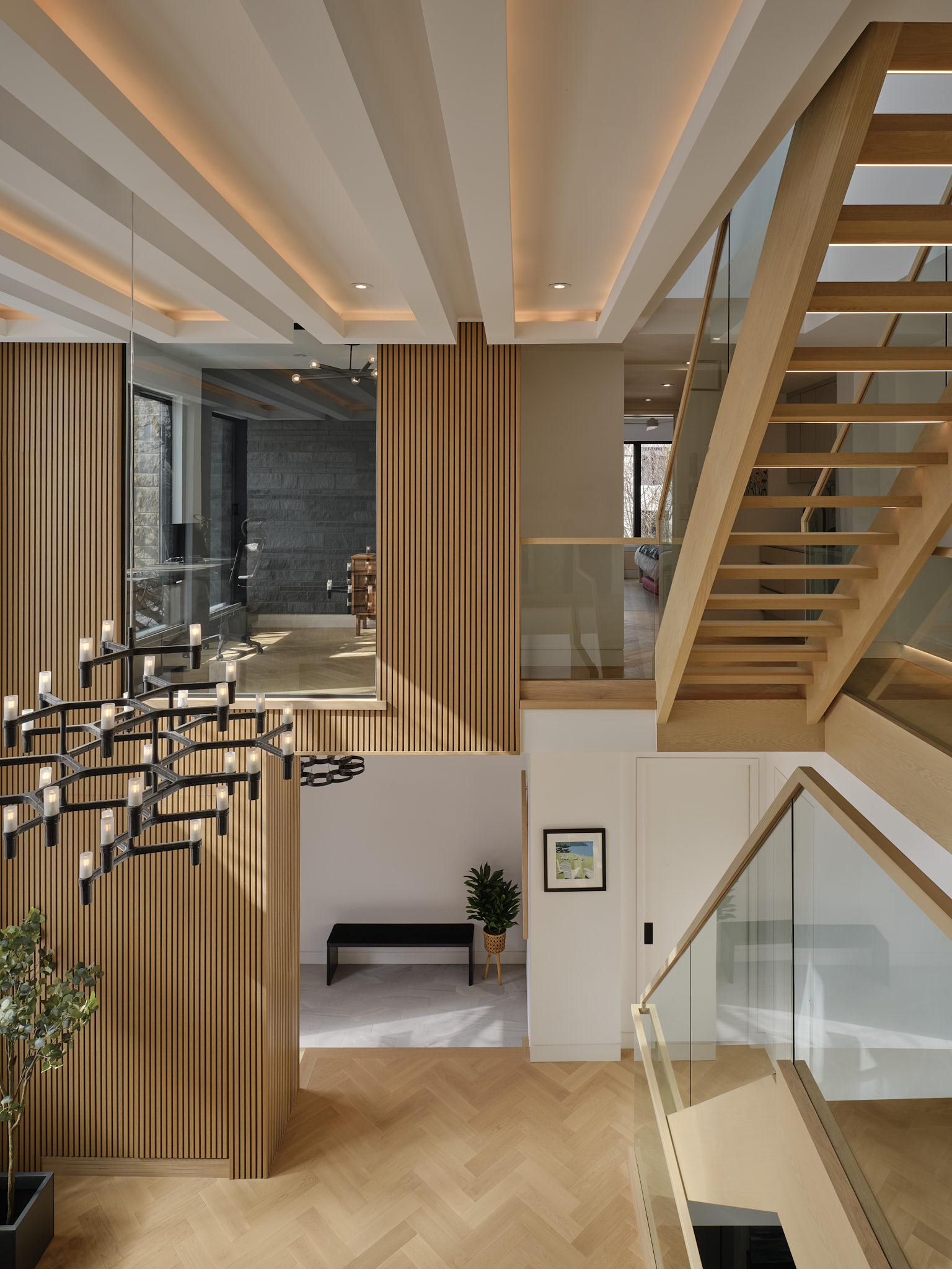 Warm wood kitchen and stair