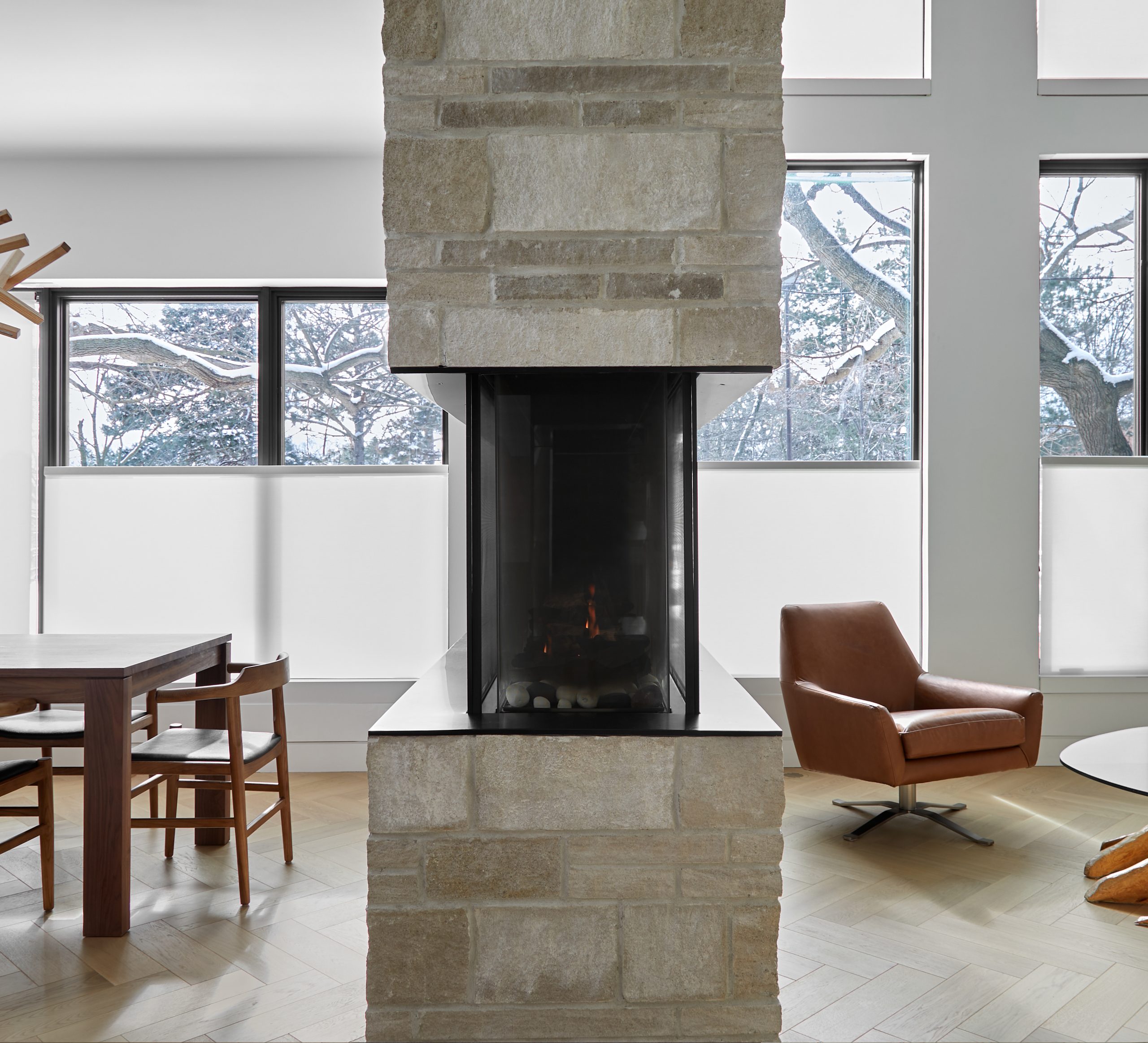 Dining room and stone fireplace