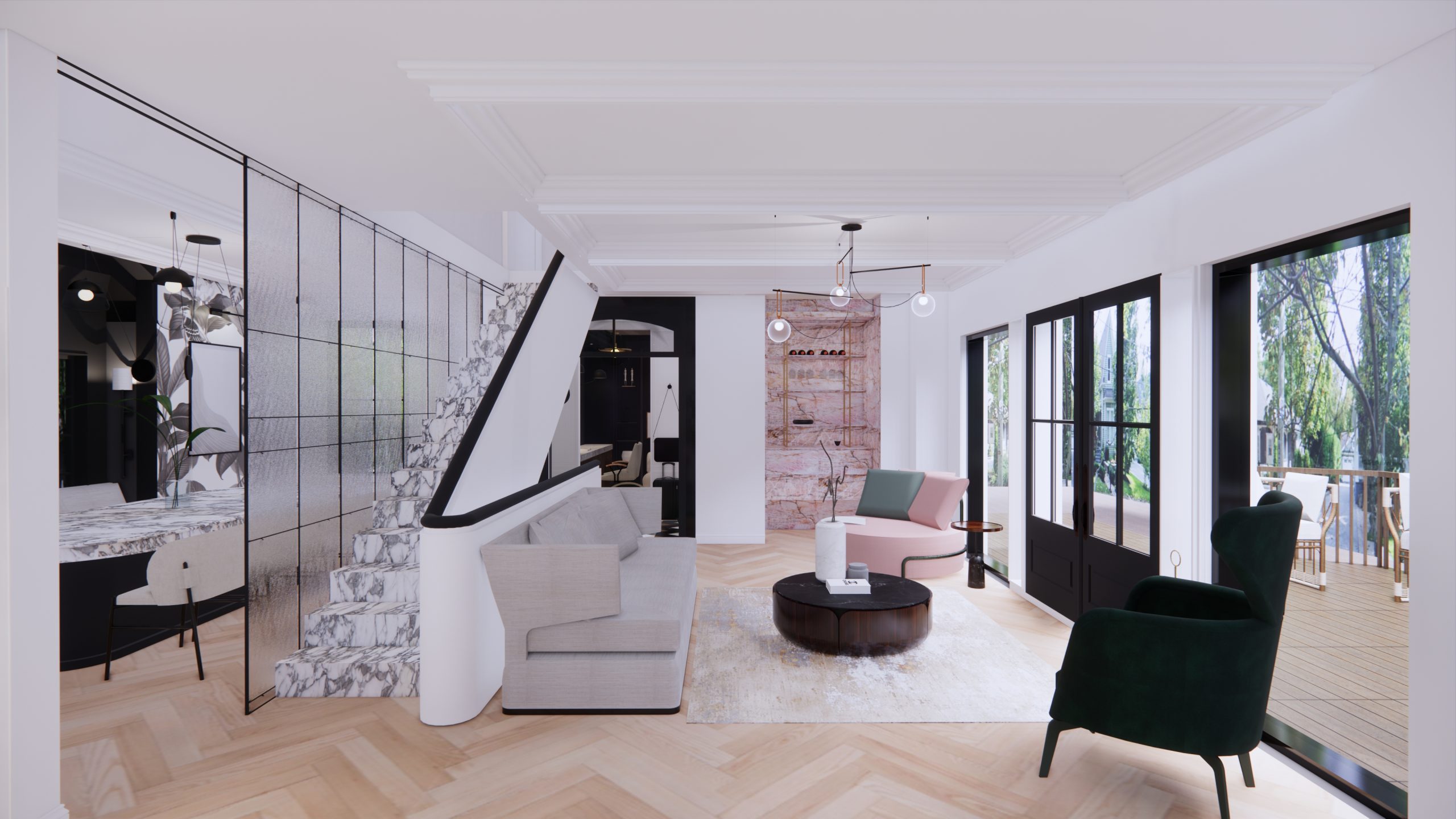 Markham Historic Restoration living space with marble stairs and garden windows