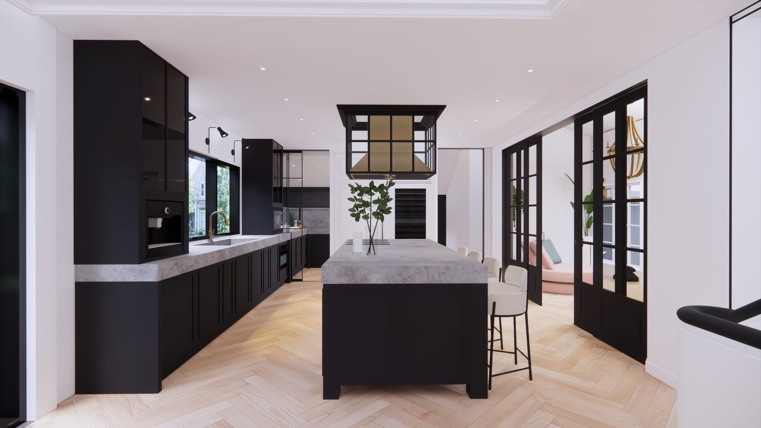 Open kitchen and sitting rooms in the restored Unionville cottage