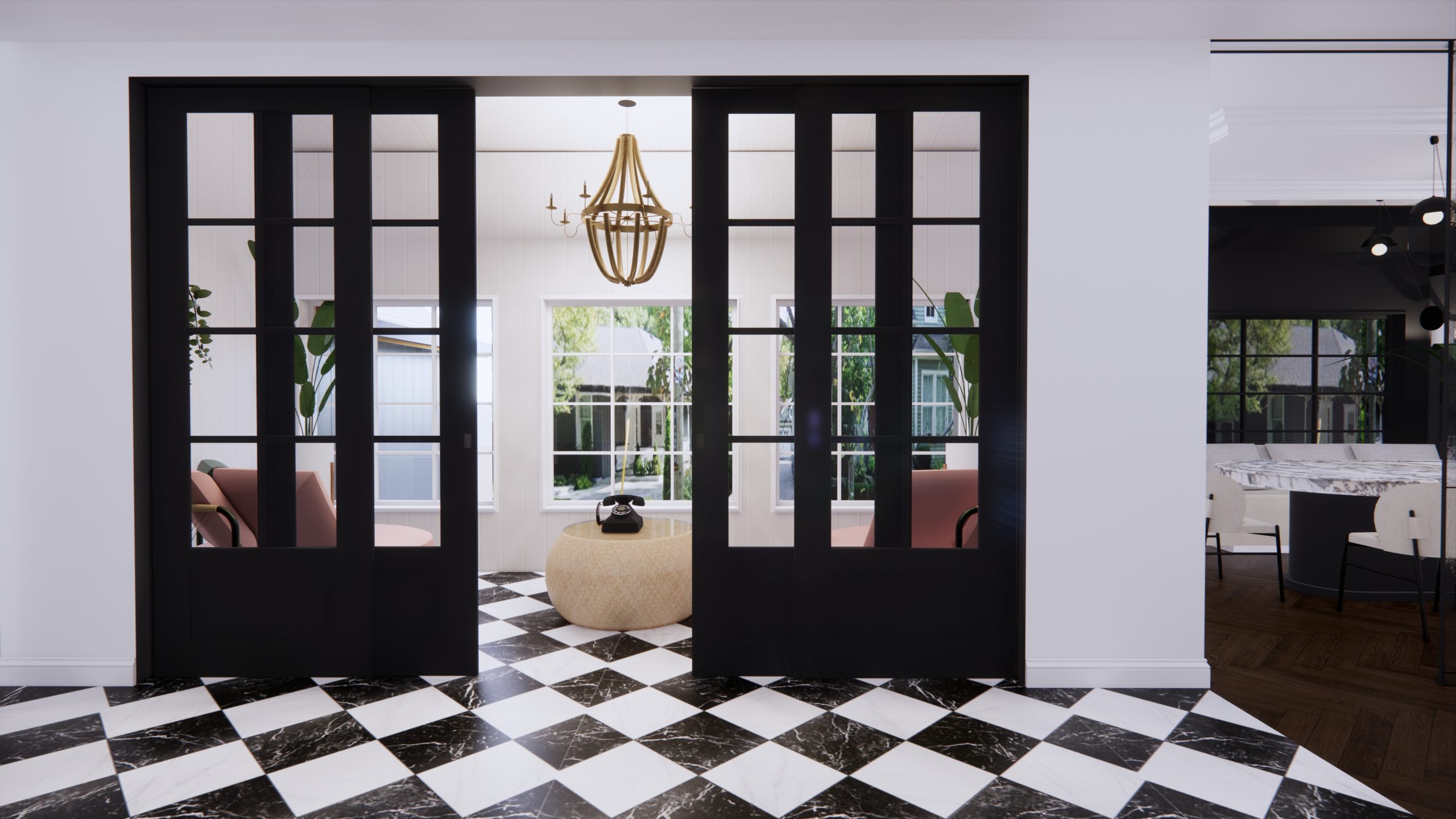 Black-and-white tiled sitting room with garden doors