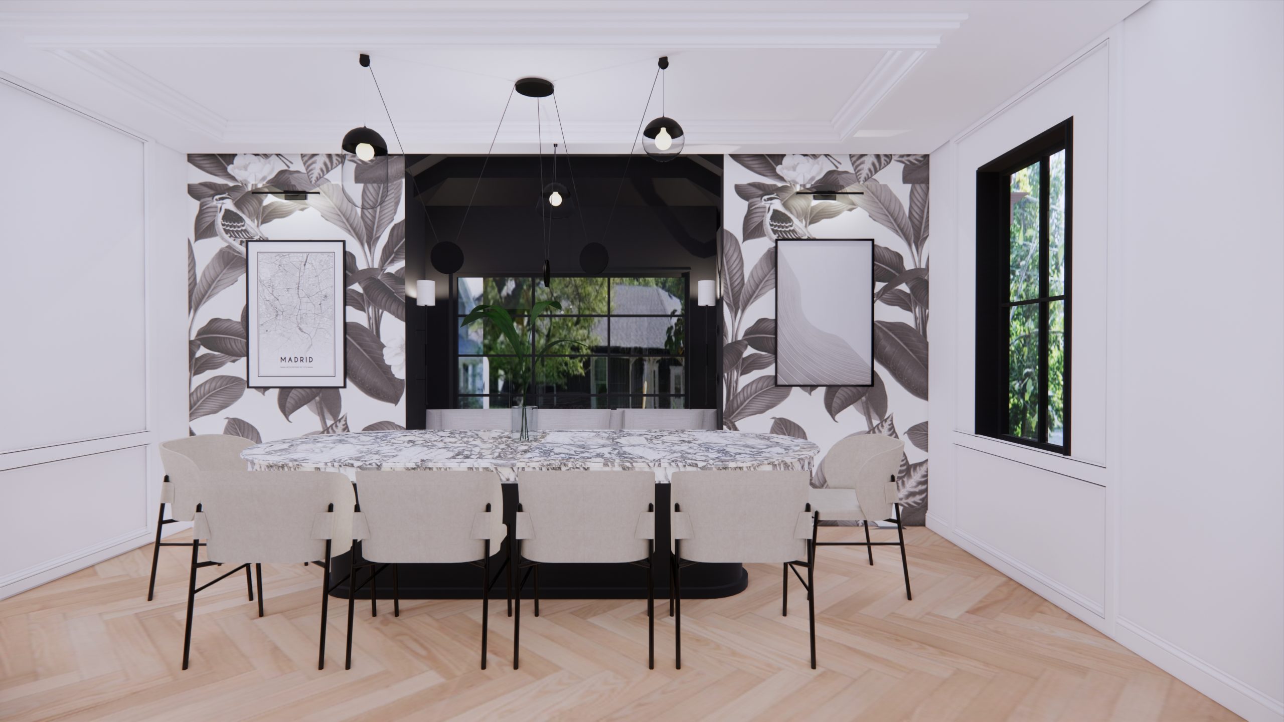 Dining room with black cabinetry and garden windows