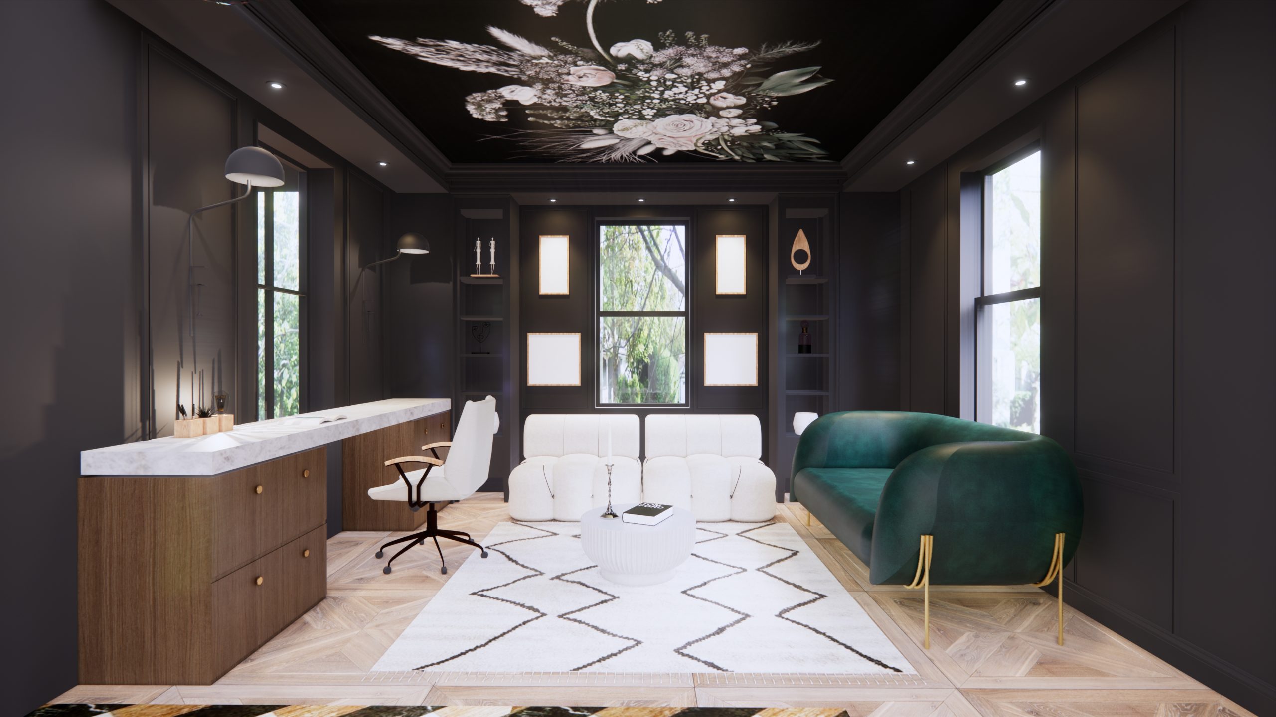 Historic cottage dining room with a coffered ceiling