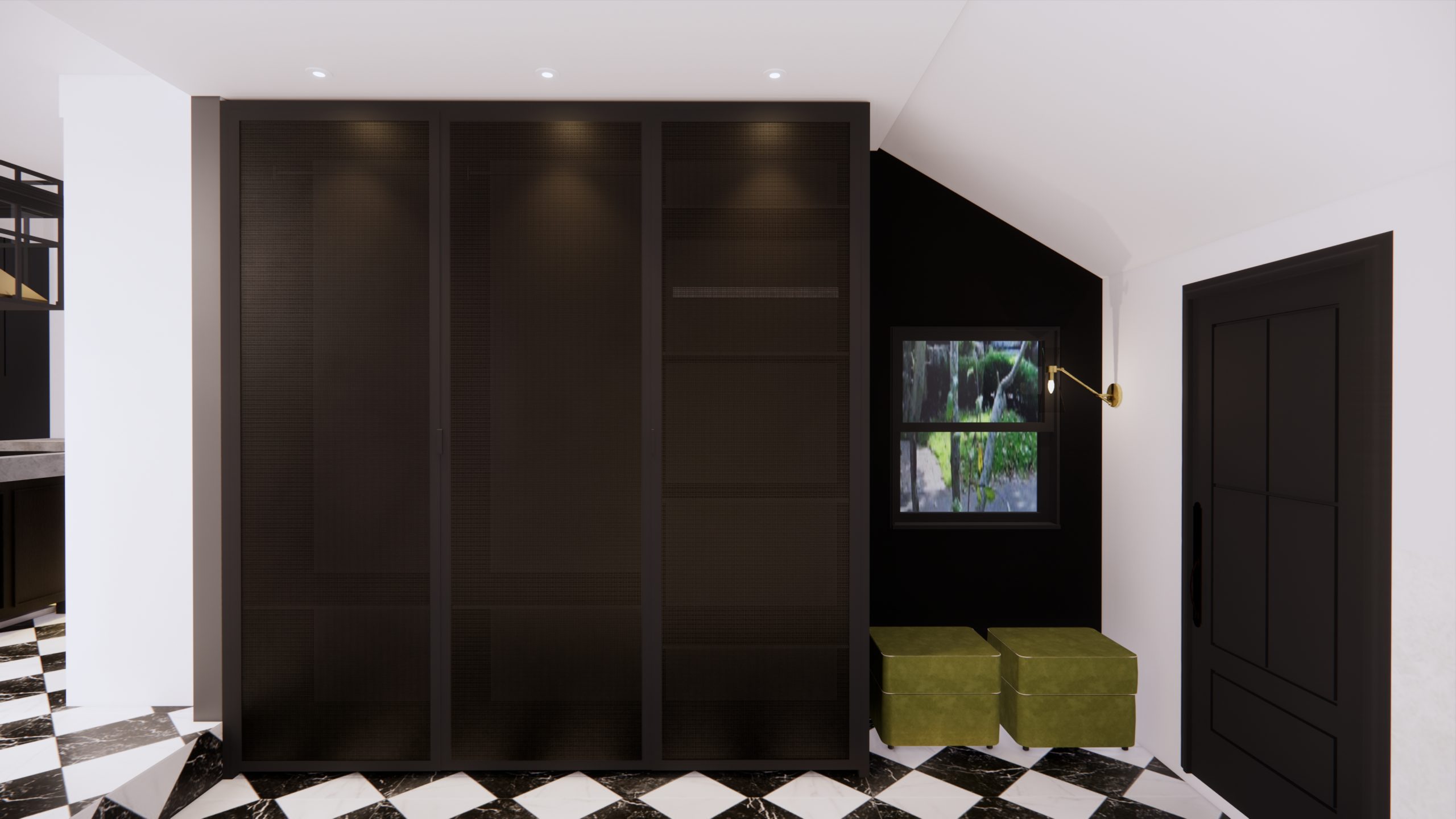 Dark-paneled wall and a flush interior door