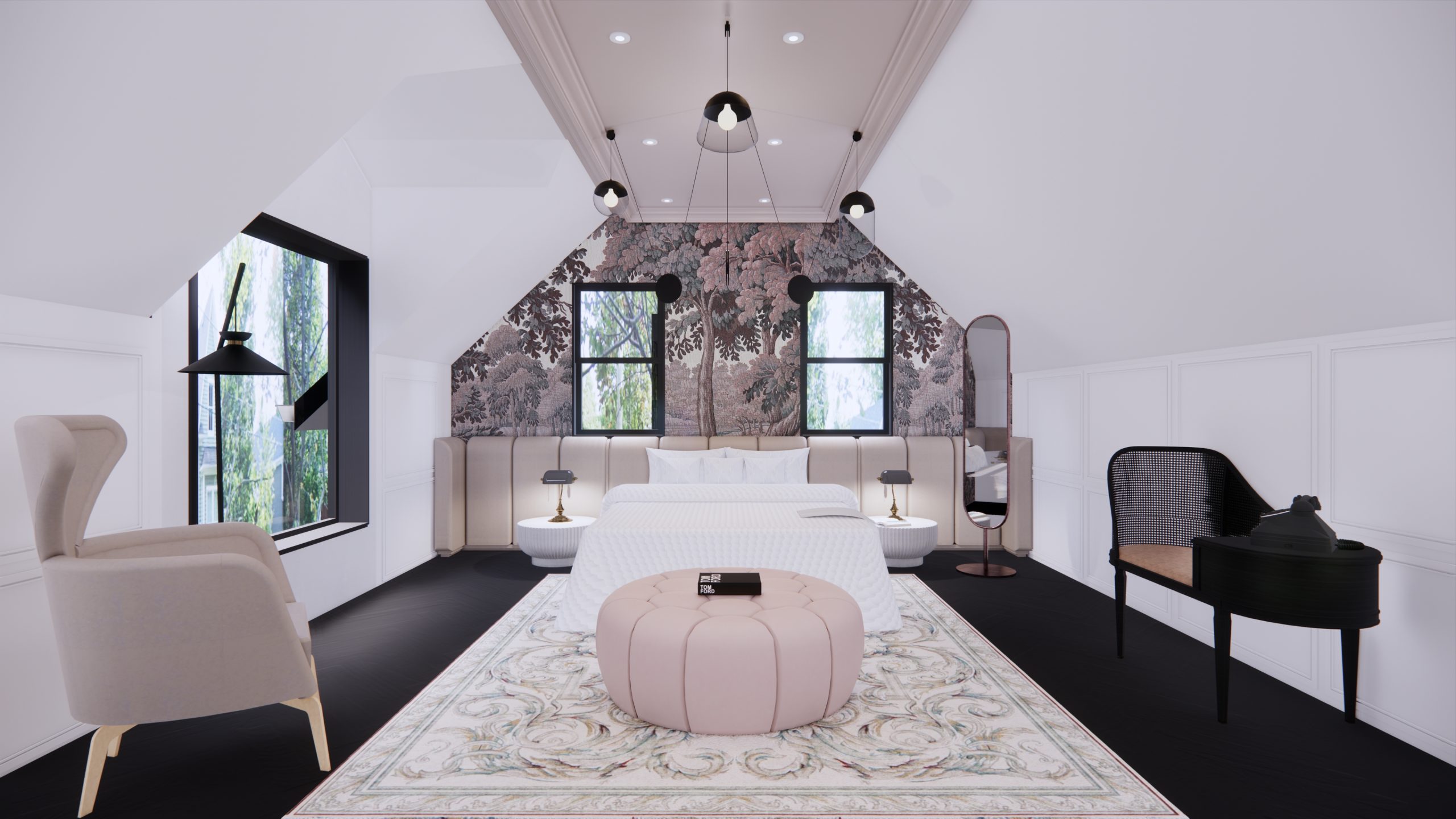Principal bedroom beneath the restored cottage roof