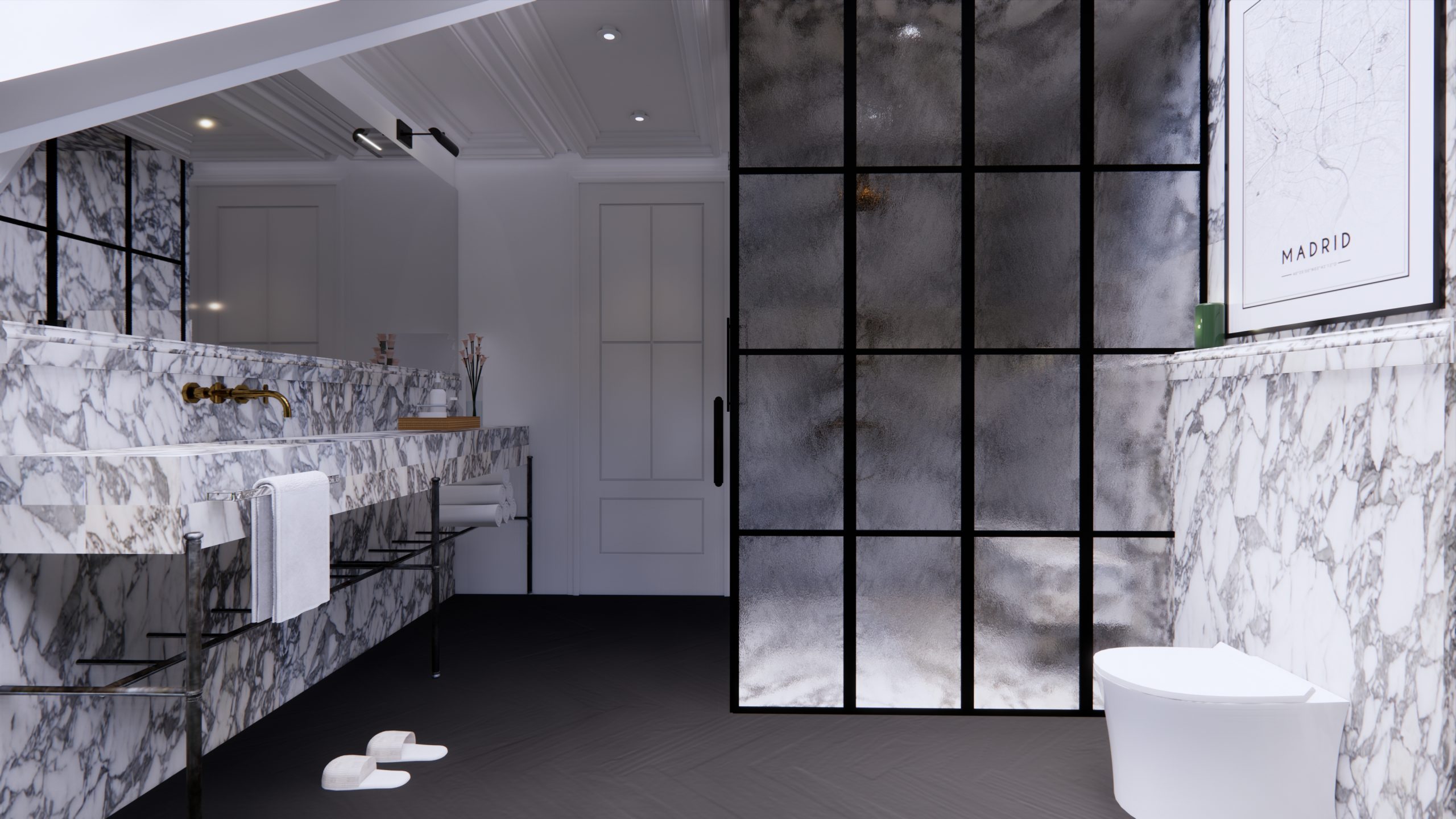Glass shower framed by patterned wall tile
