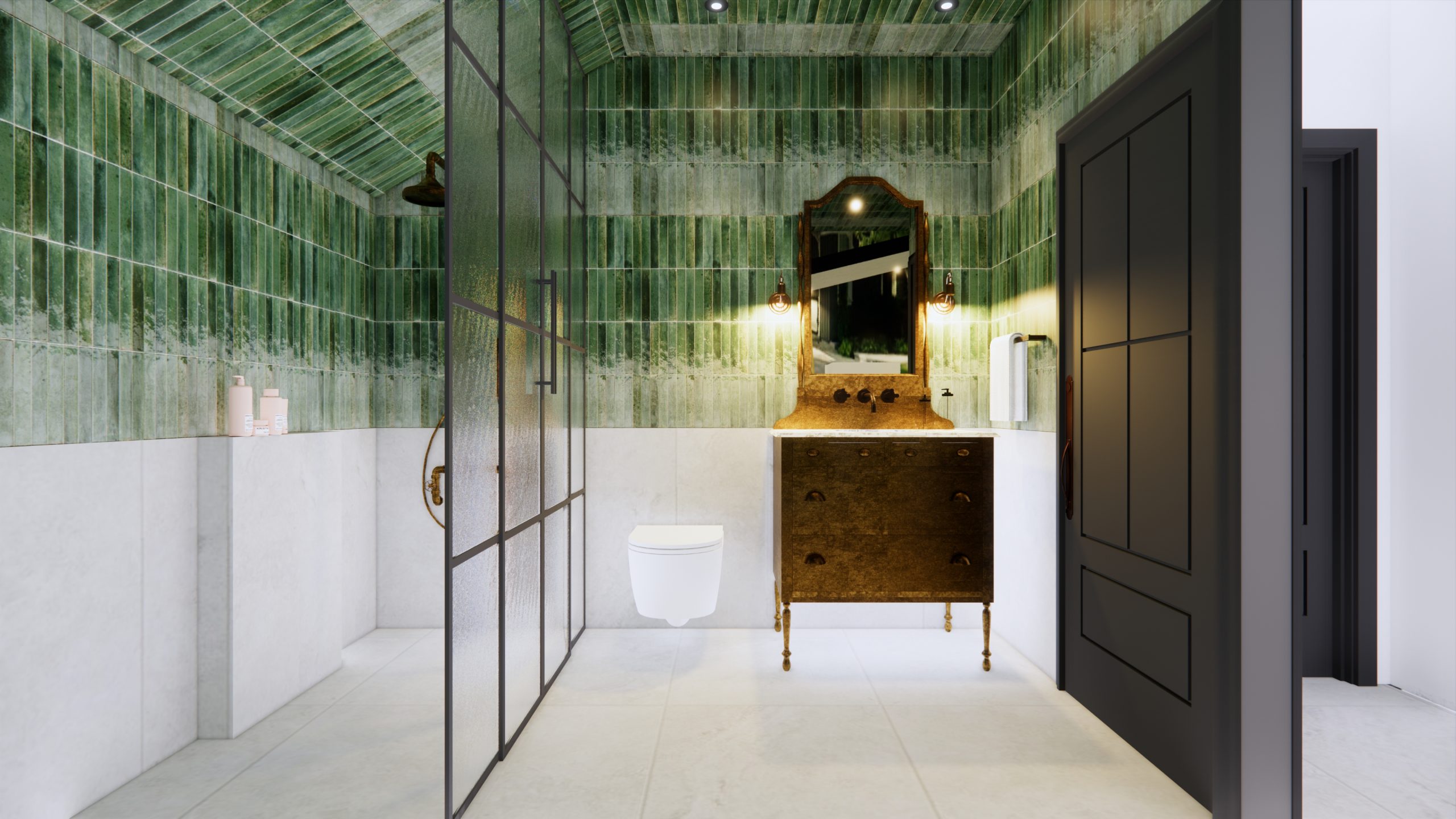 Green-tiled bathroom with a sculptural brass vanity