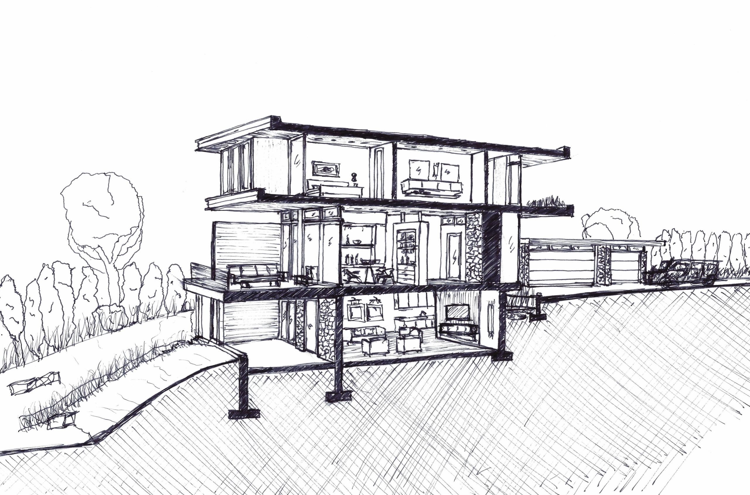 Hand-drawn sectional study of the lakehouse