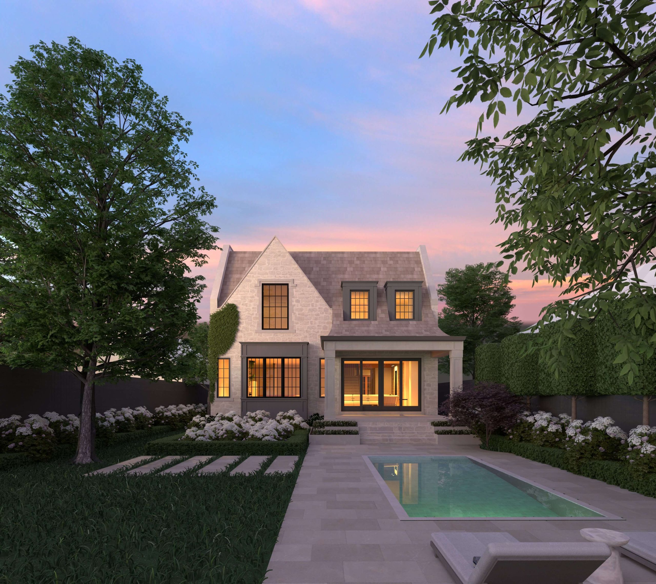 East York English Cottage garden and pool at dusk