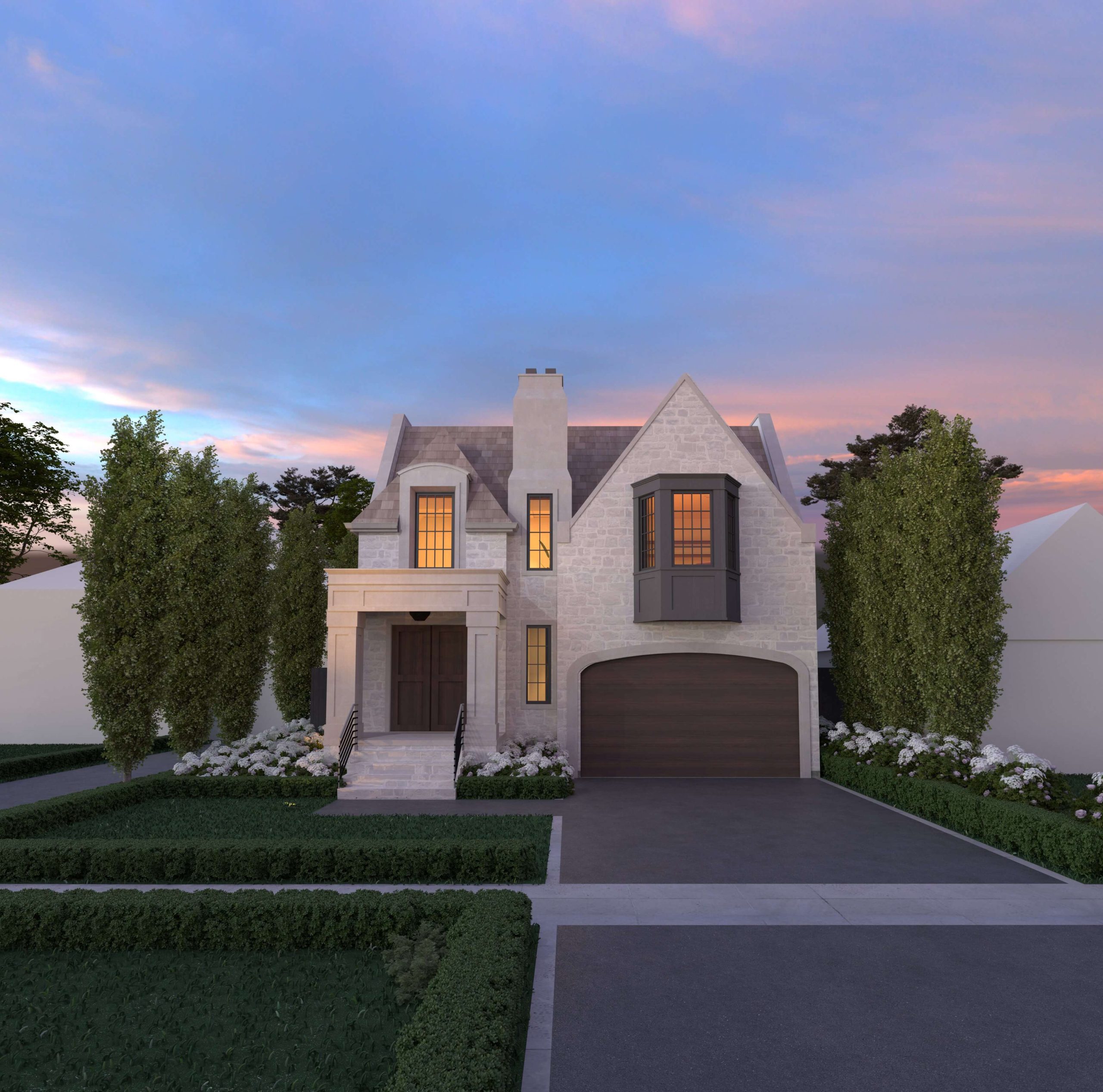 Front elevation of the East York English Cottage at dusk
