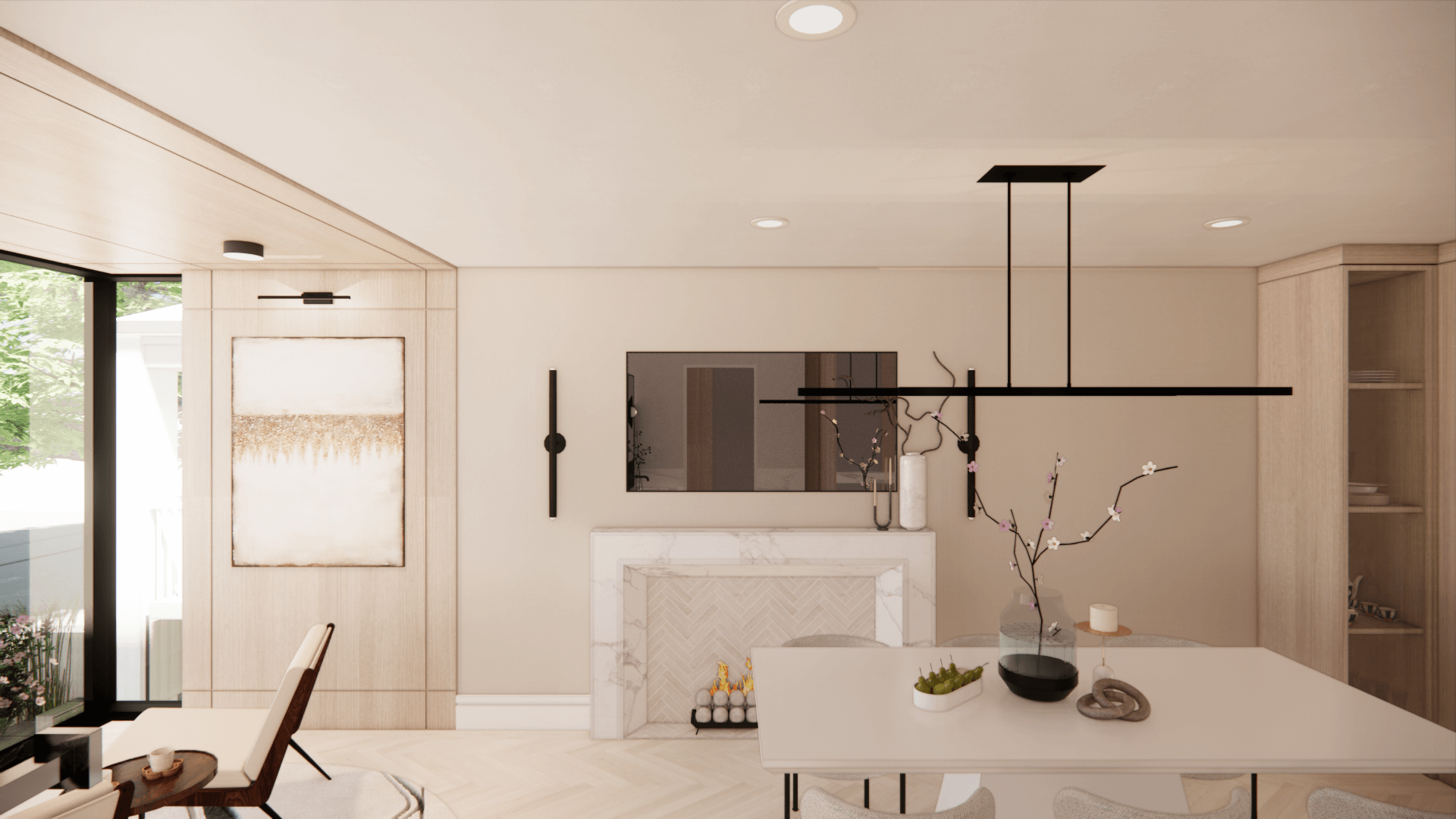 Open dining area and linear fireplace