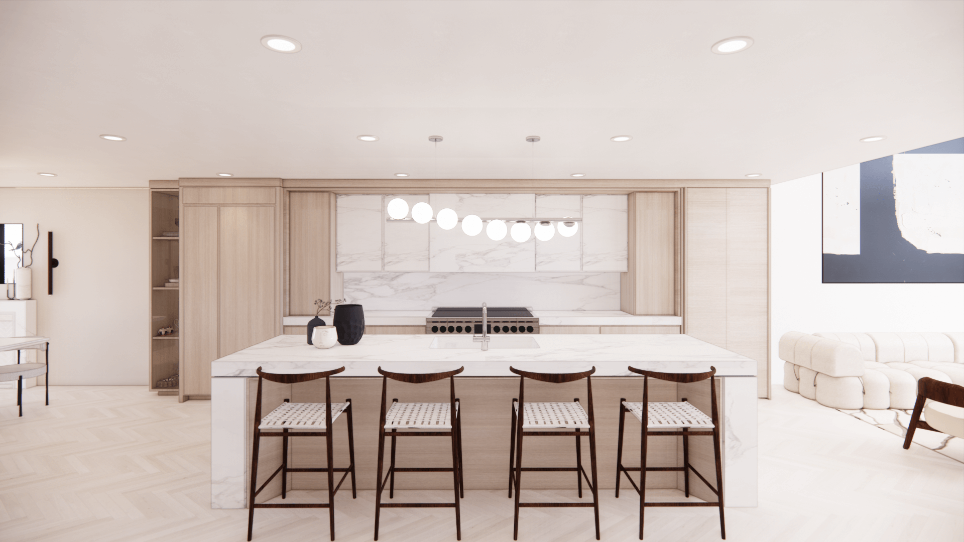 Bright kitchen with a veined stone island