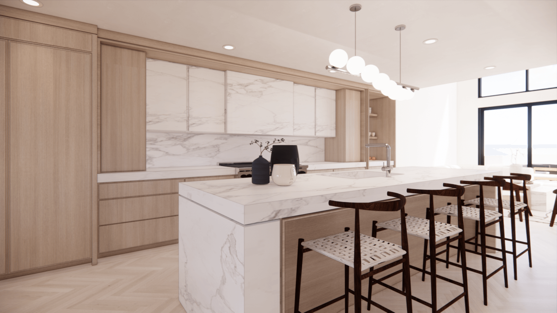 Dining room beneath a sculptural pendant