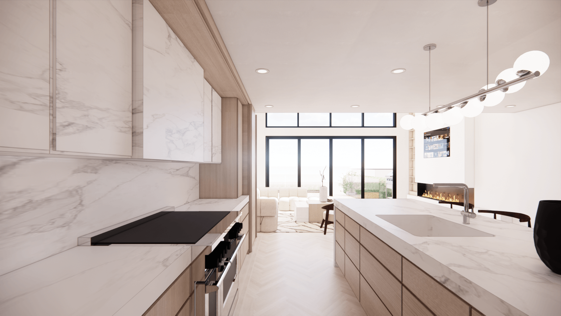 Linear kitchen and family room opening toward the garden