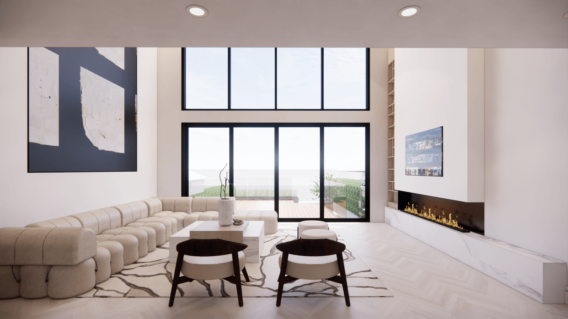 Living room with full-height garden windows