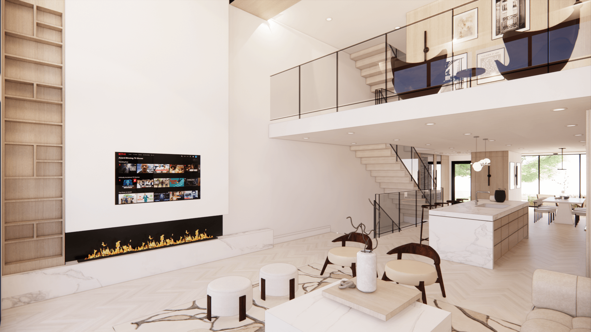 Fireplace wall viewed across the open main floor