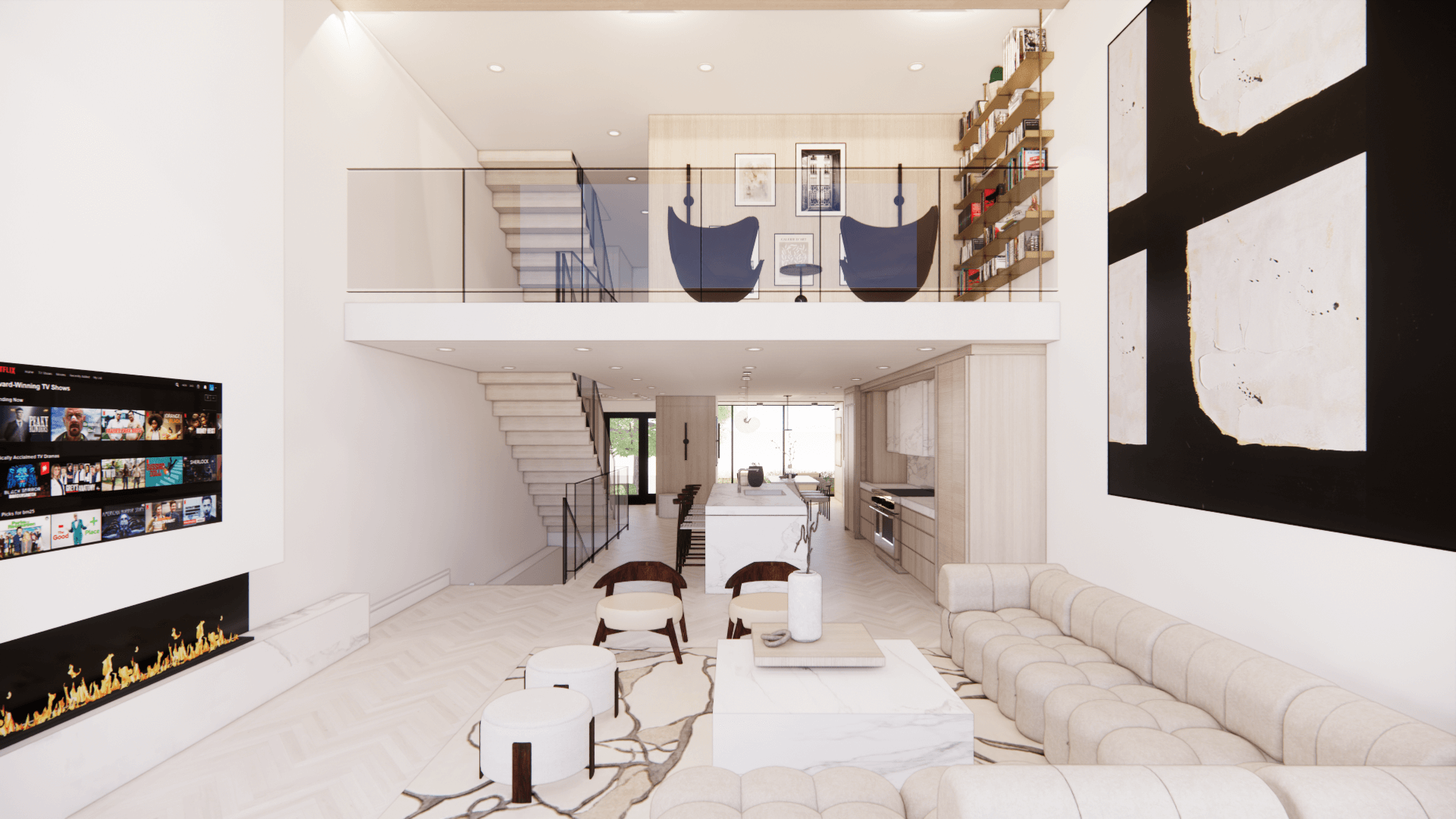 Double-height living space with a long linear fireplace