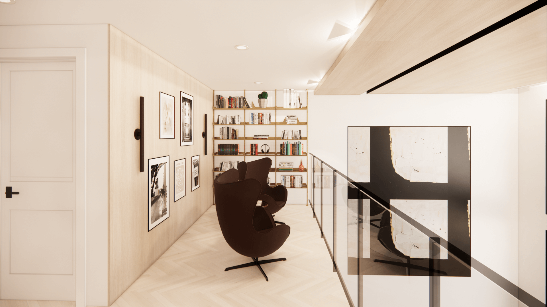 Gallery-like hall with a sculptural bench