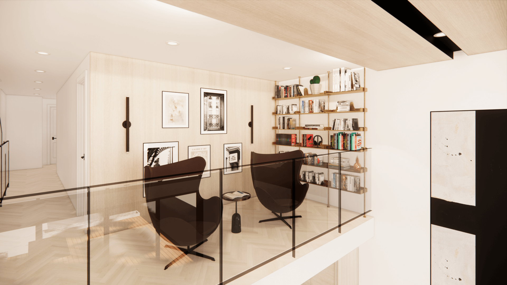 Pale sitting room with built-in display cabinetry