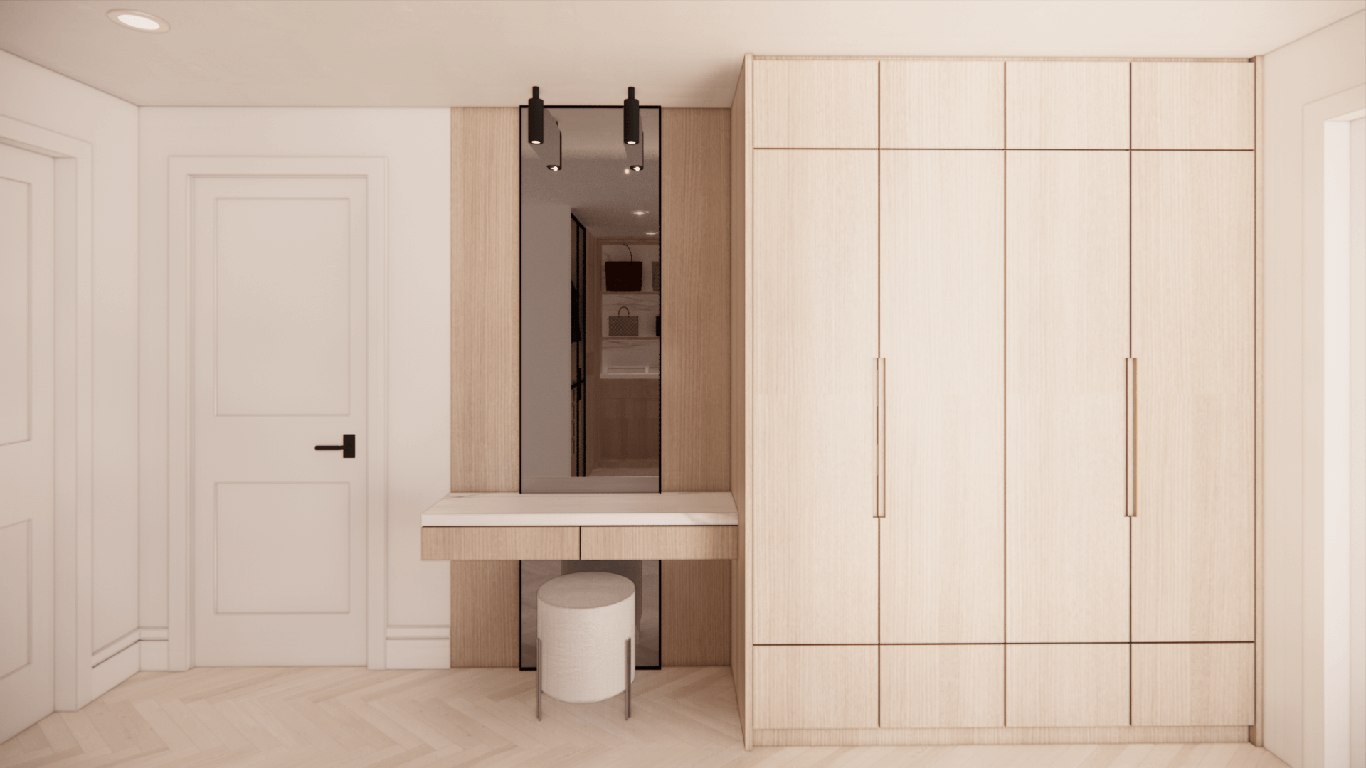 Walk-in closet with pale wood cabinetry