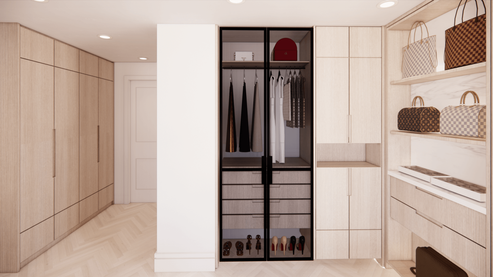 Large walk-in closet with a central island