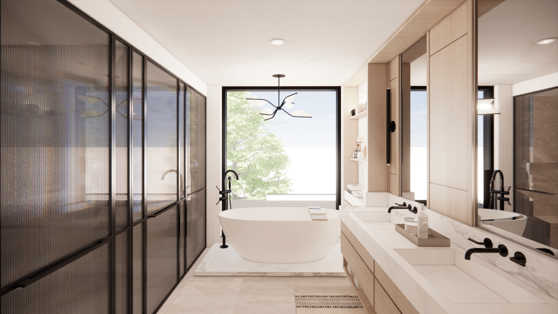 Primary ensuite with glass shower and freestanding tub