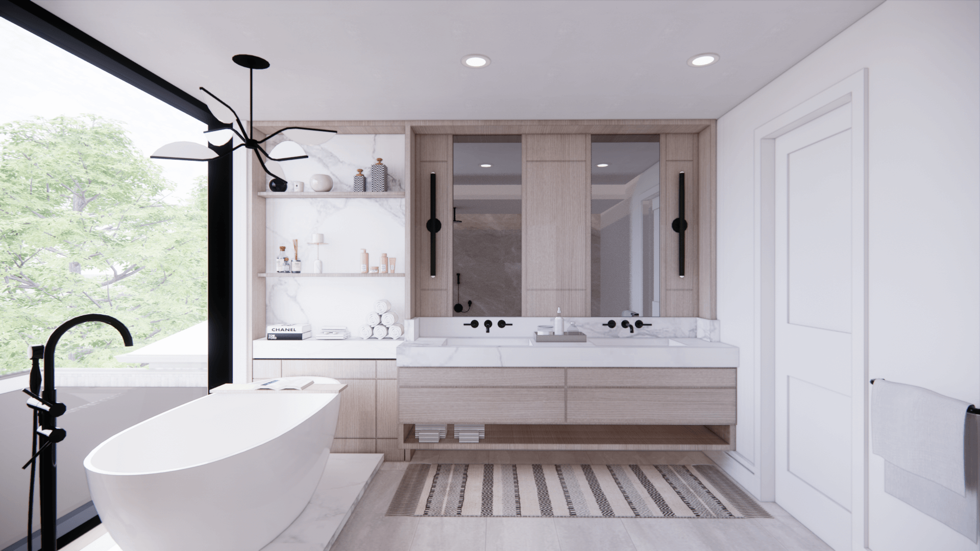 Primary ensuite vanity in pale stone and wood