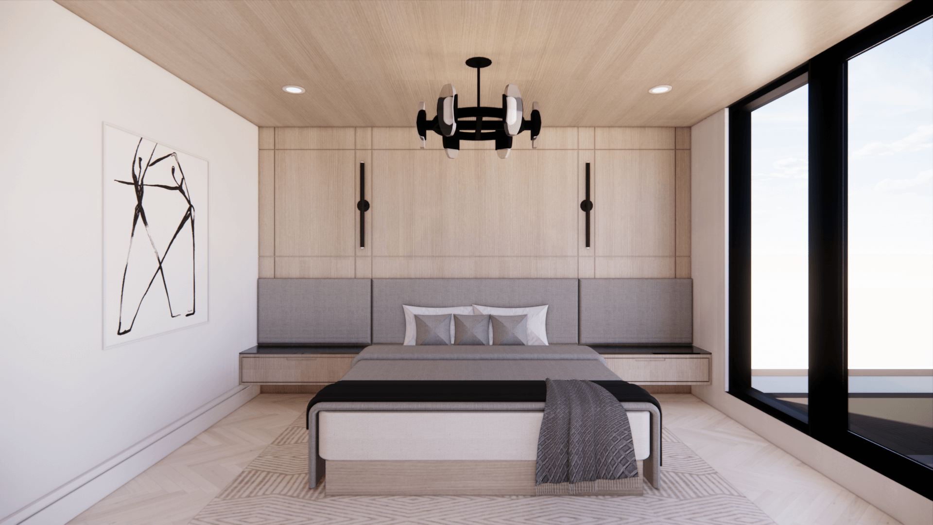 Principal bedroom with a low upholstered bed