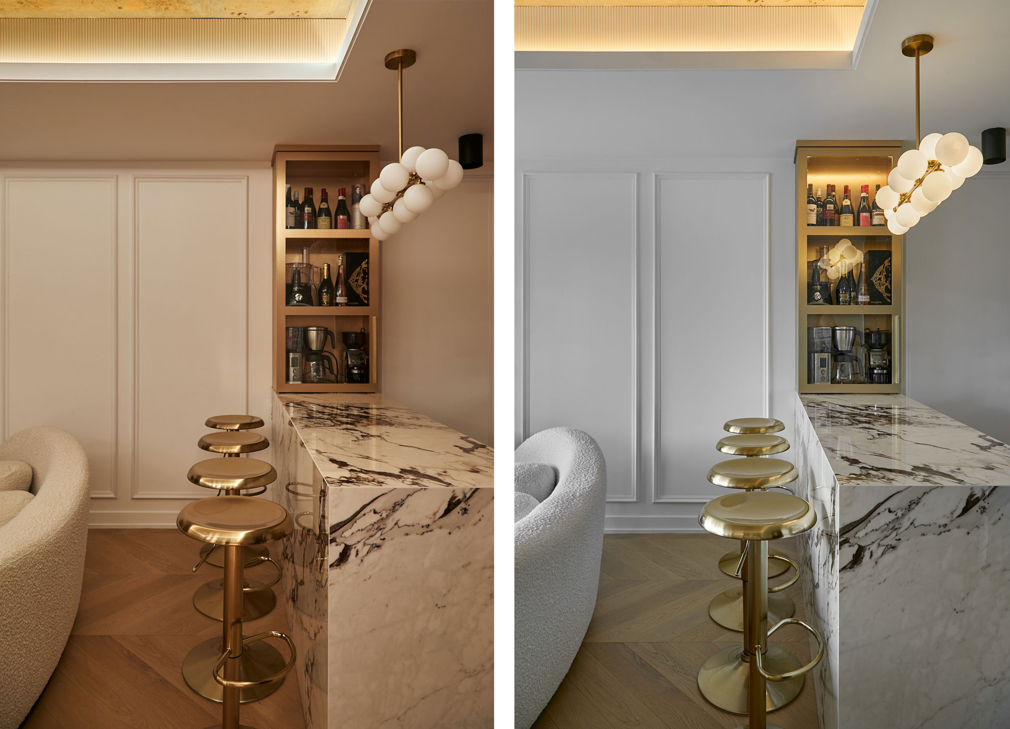 Side-by-side interior views showing warm and cooler lighting around a marble bar