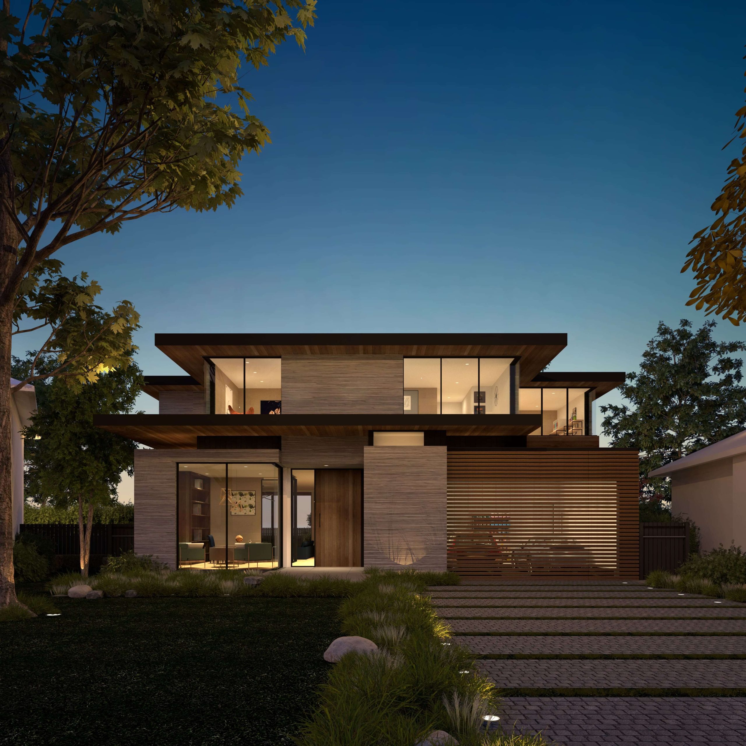 Contemporary Mid-Century Revival home with fluted limestone and warm wood