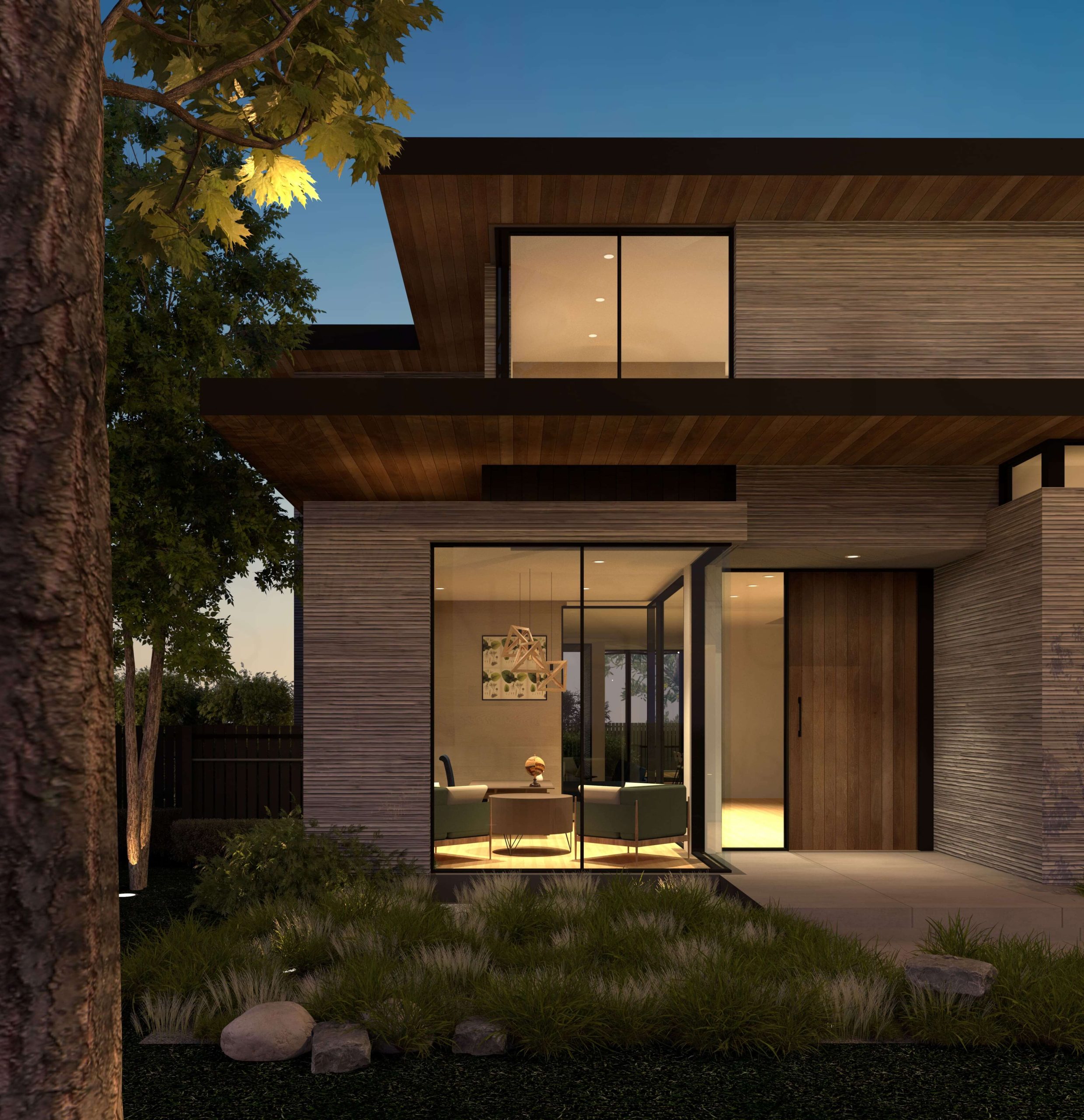 Fluted limestone, wood screens and corner glazing at the front entrance