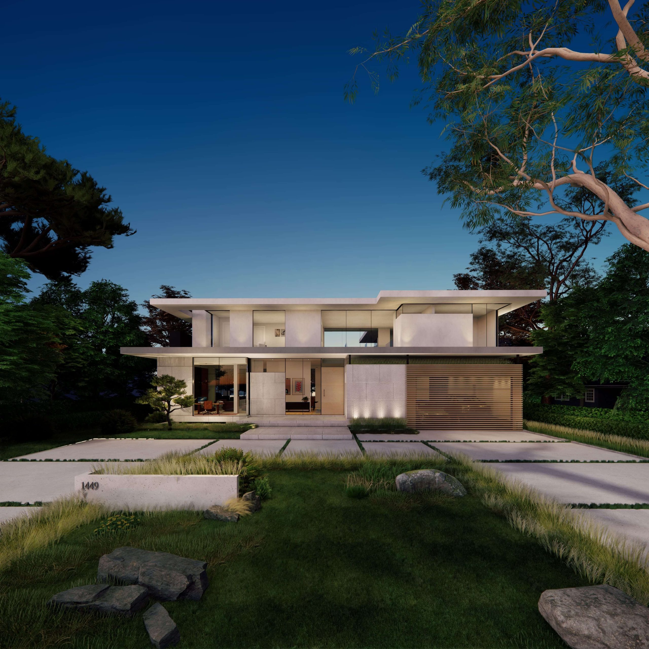 Tropical modern villa with panoramic glazing and landscaped grounds