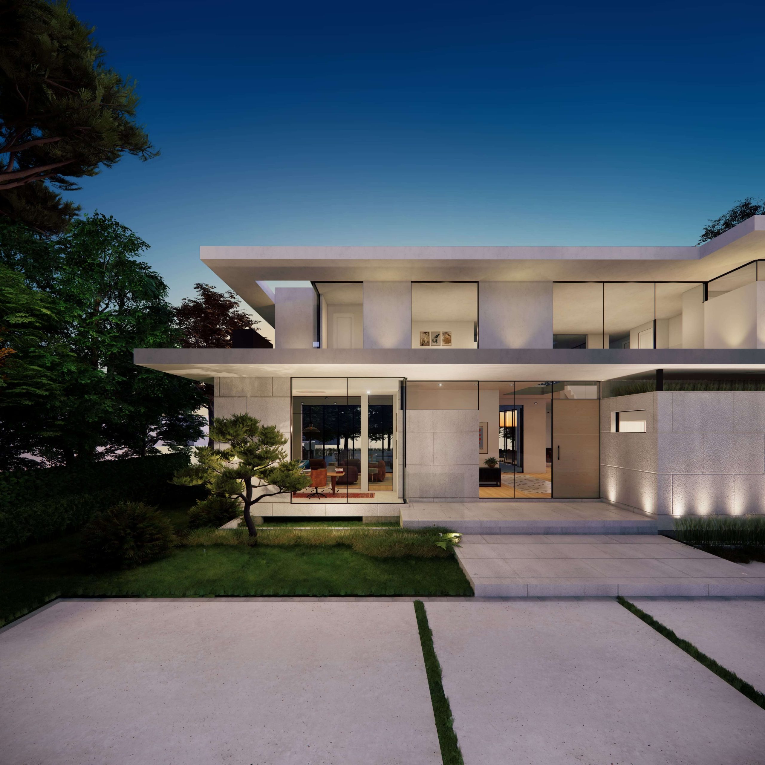 Villa front facade illuminated at dusk