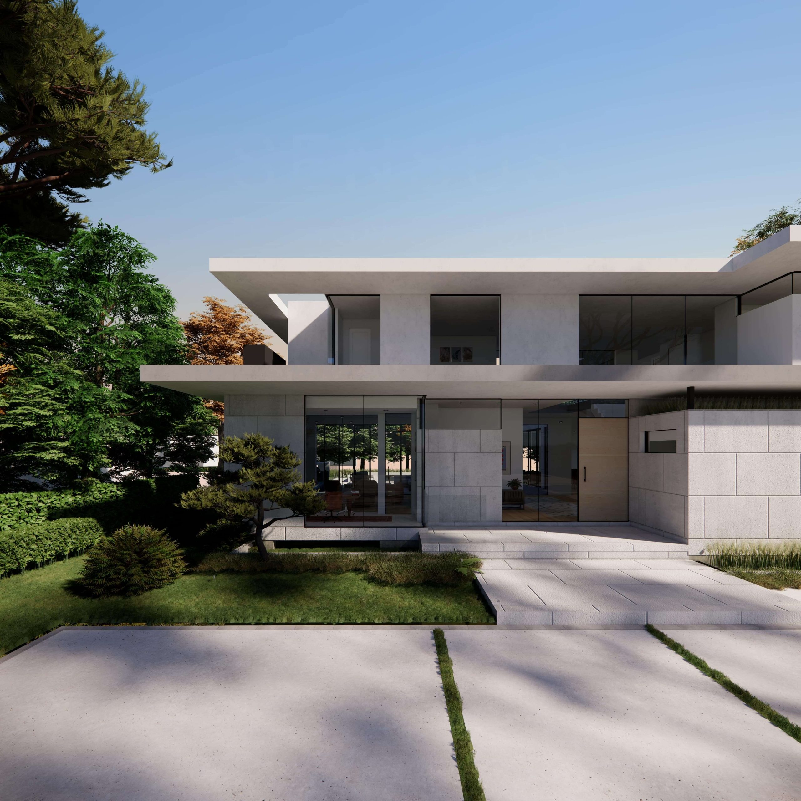 Daylight view of the villa and structured front garden