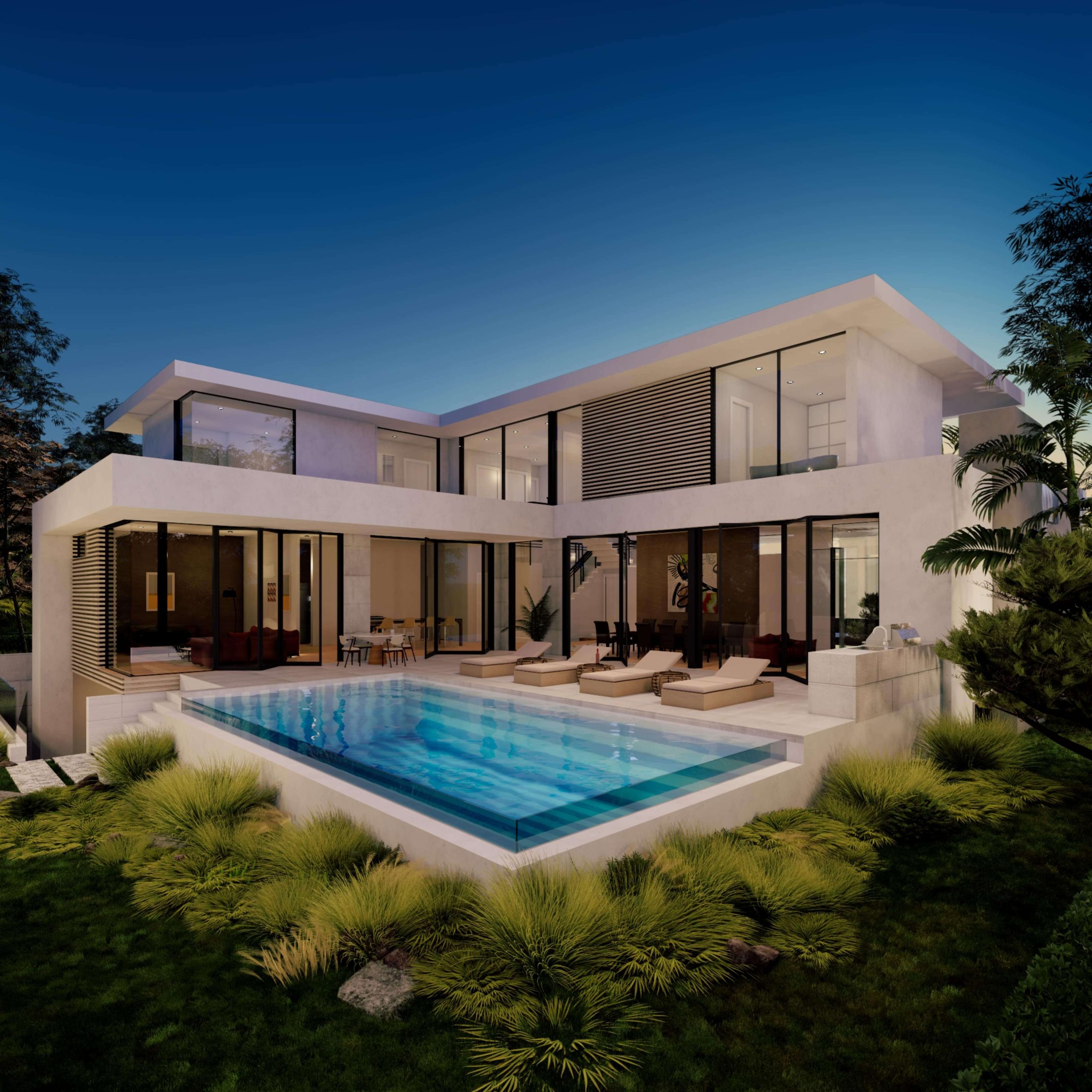 Rear villa terrace with pool and floor-to-ceiling glazing
