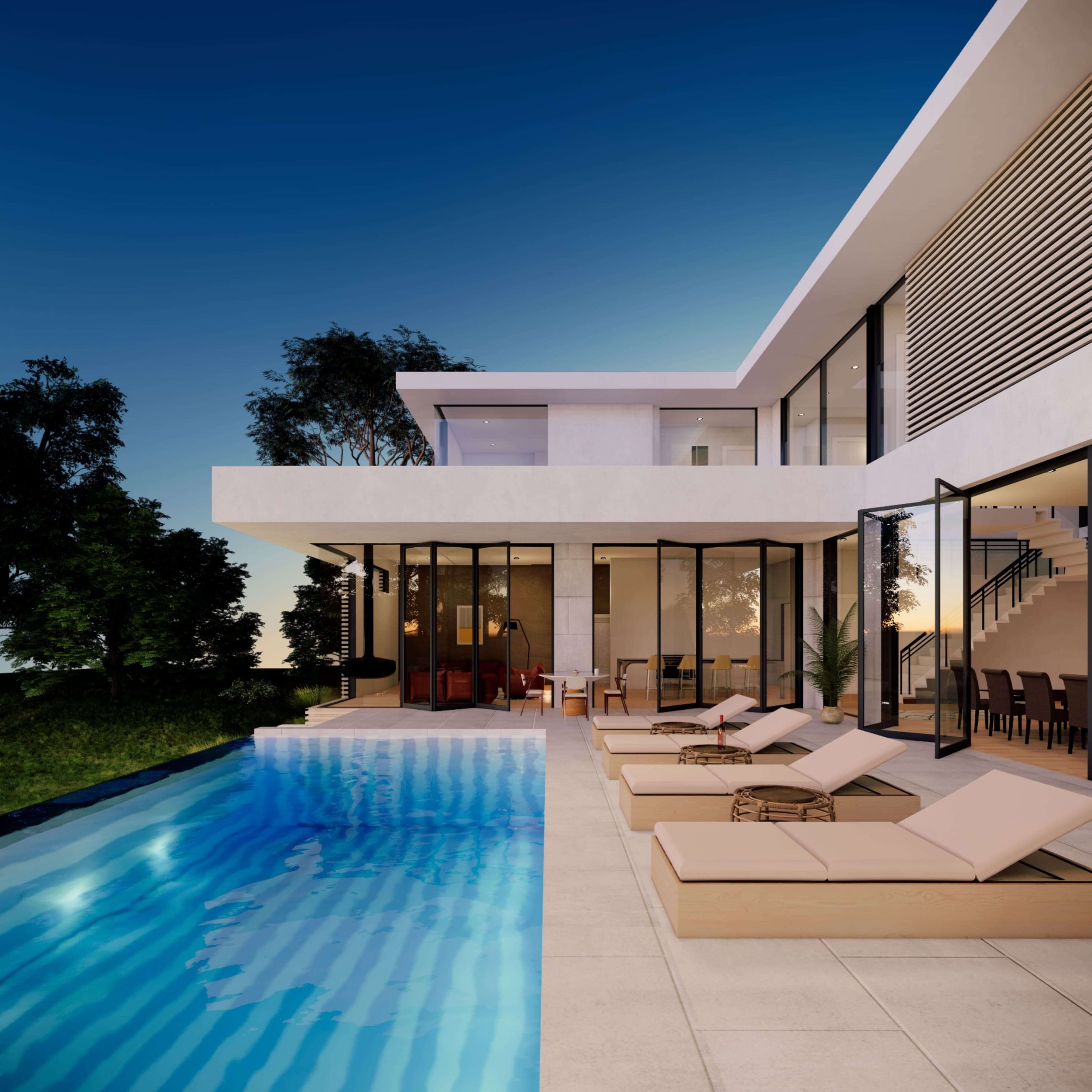 Covered outdoor lounge beside the villa pool