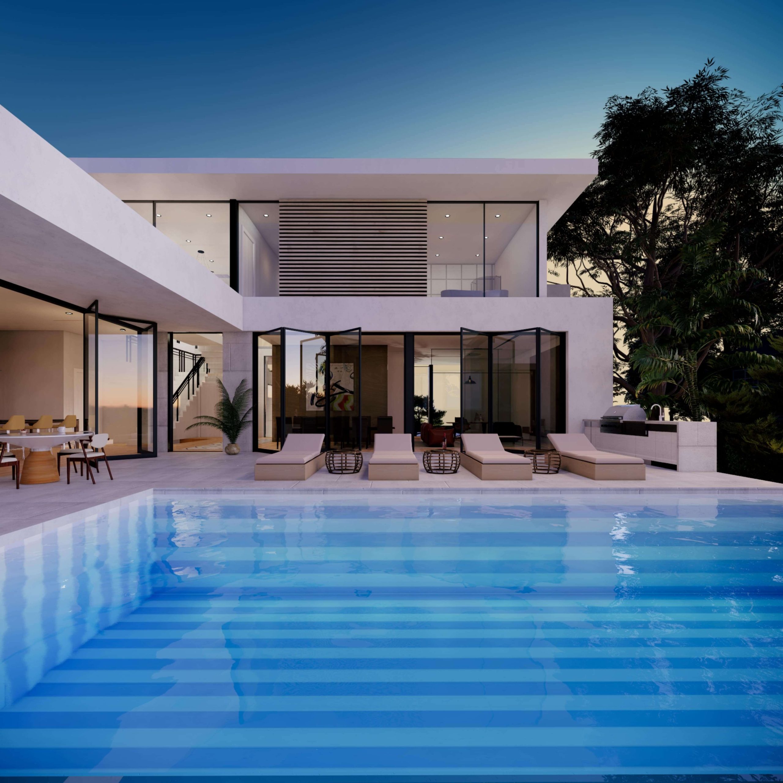 Pool-level view toward the villa at dusk