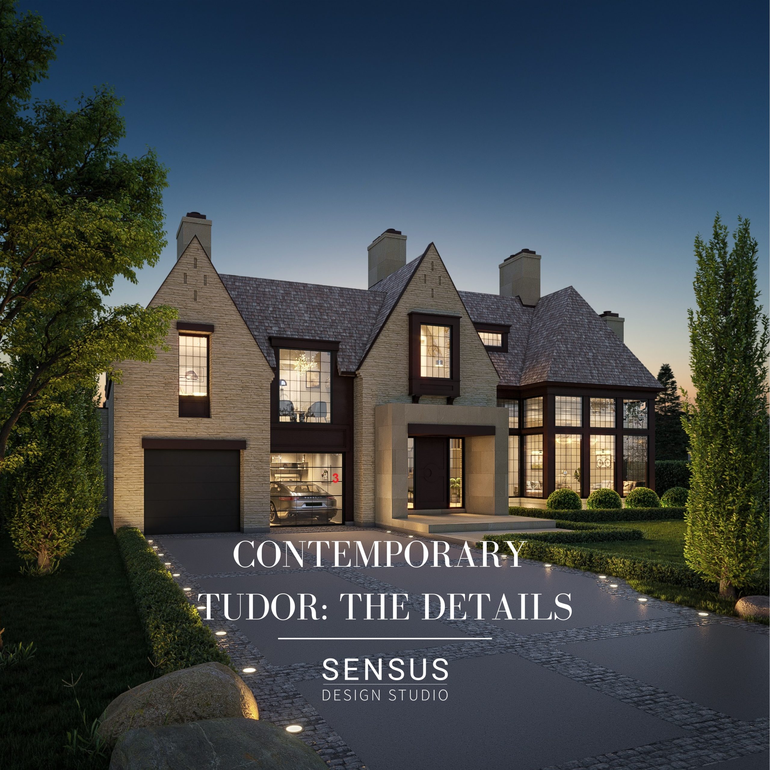 Contemporary Tudor home at dusk with steep rooflines and a landscaped front garden