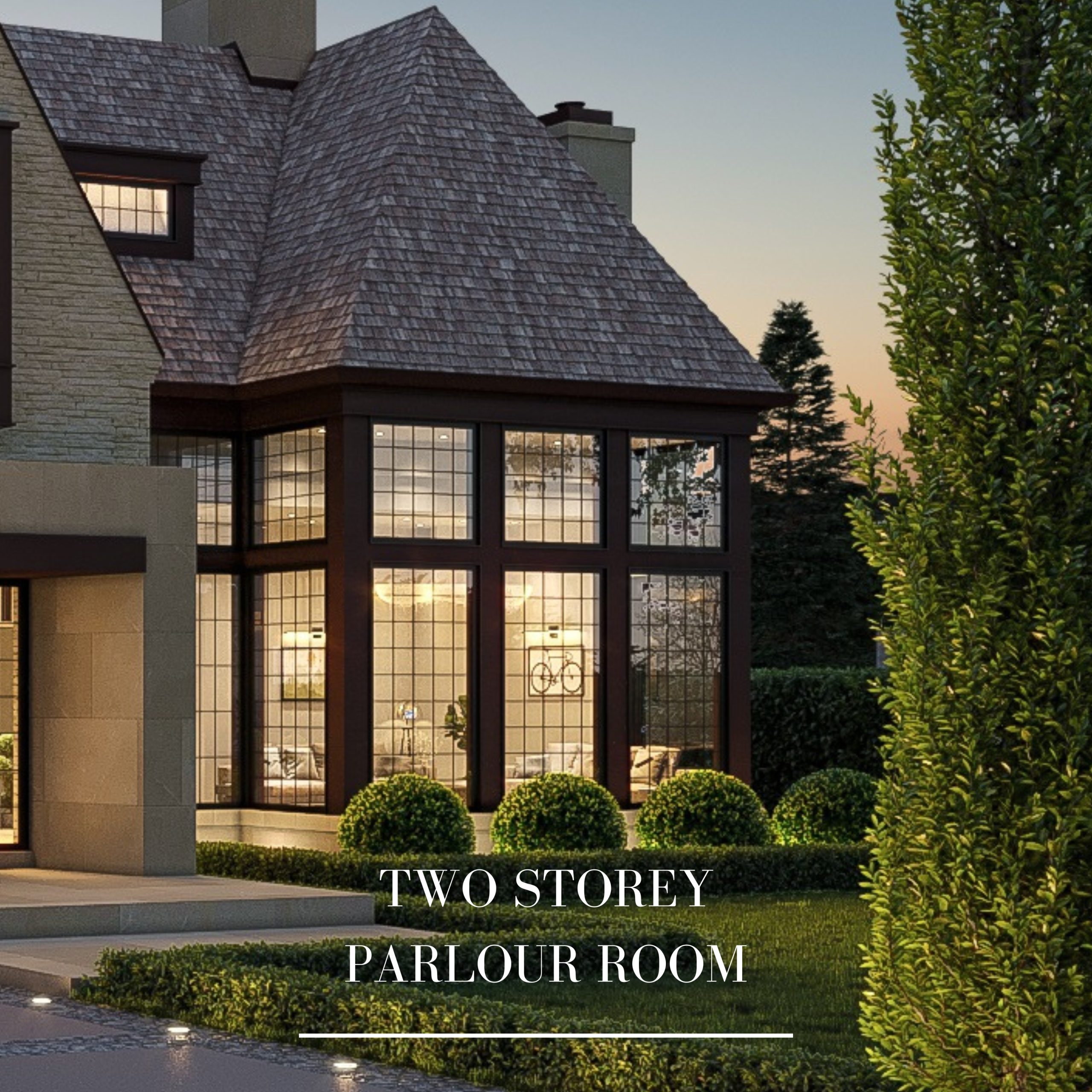 Two-storey window bay overlooking the contemporary Tudor home’s front garden
