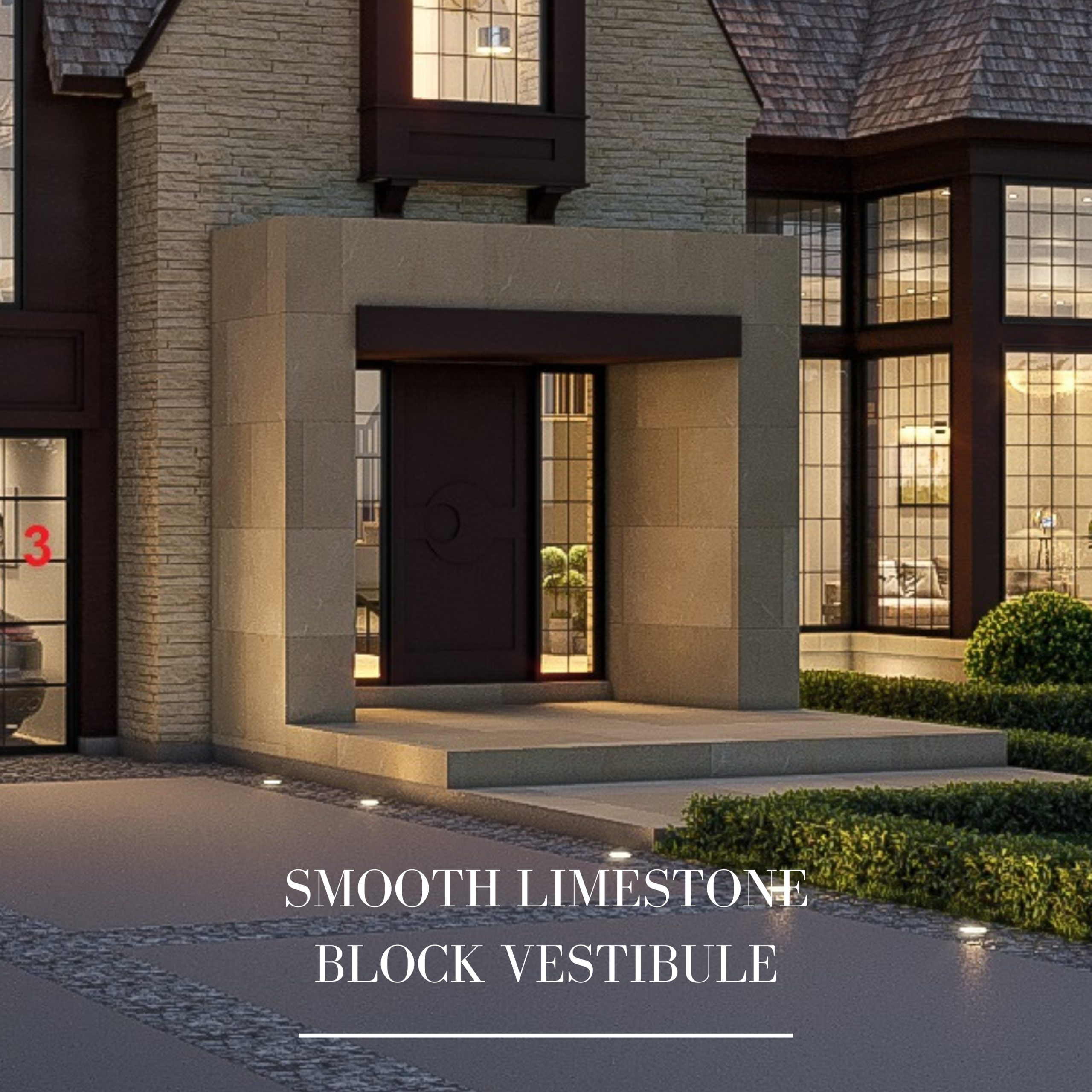Smooth limestone entrance vestibule framing the dark front door