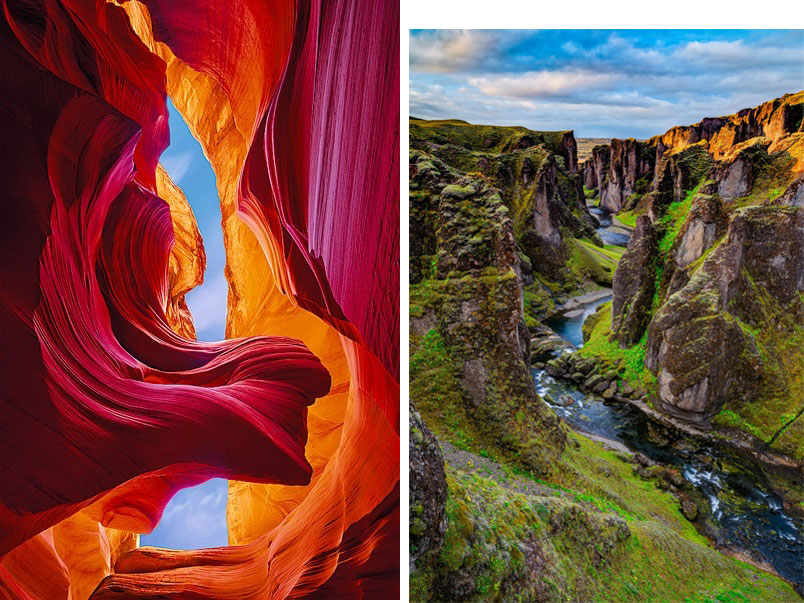 Paired photographs of a glowing slot canyon and a green rocky gorge