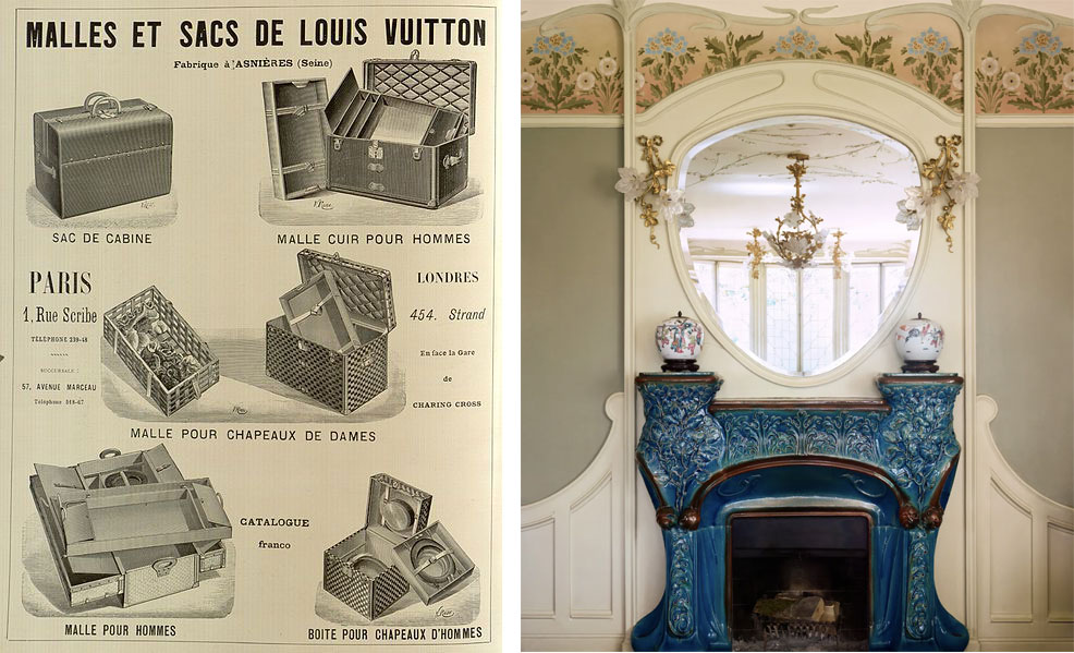 Vintage Louis Vuitton trunk advertisement beside an ornate blue fireplace
