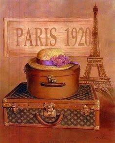 Vintage Paris 1920 luggage illustration with cases and the Eiffel Tower