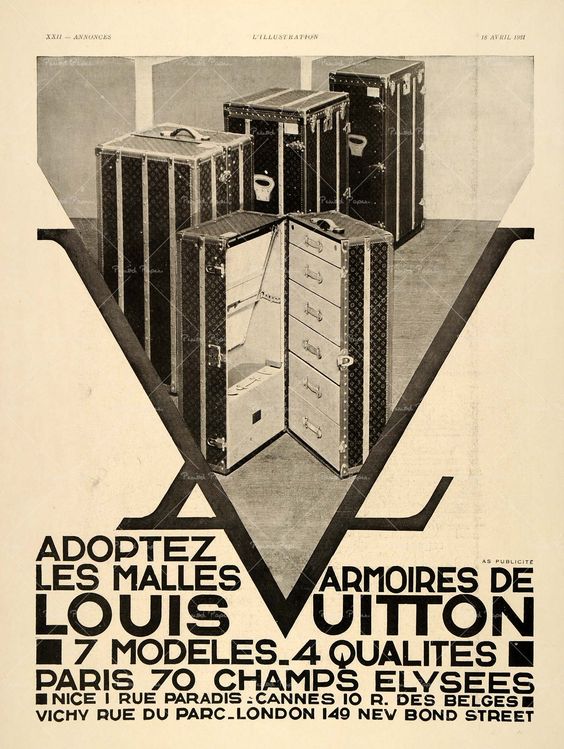 Louis Vuitton wardrobe trunk advertisement with interior storage compartments