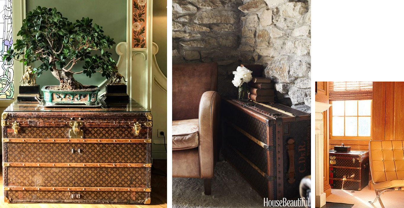 Collage of vintage trunks and cases incorporated into furnished interiors